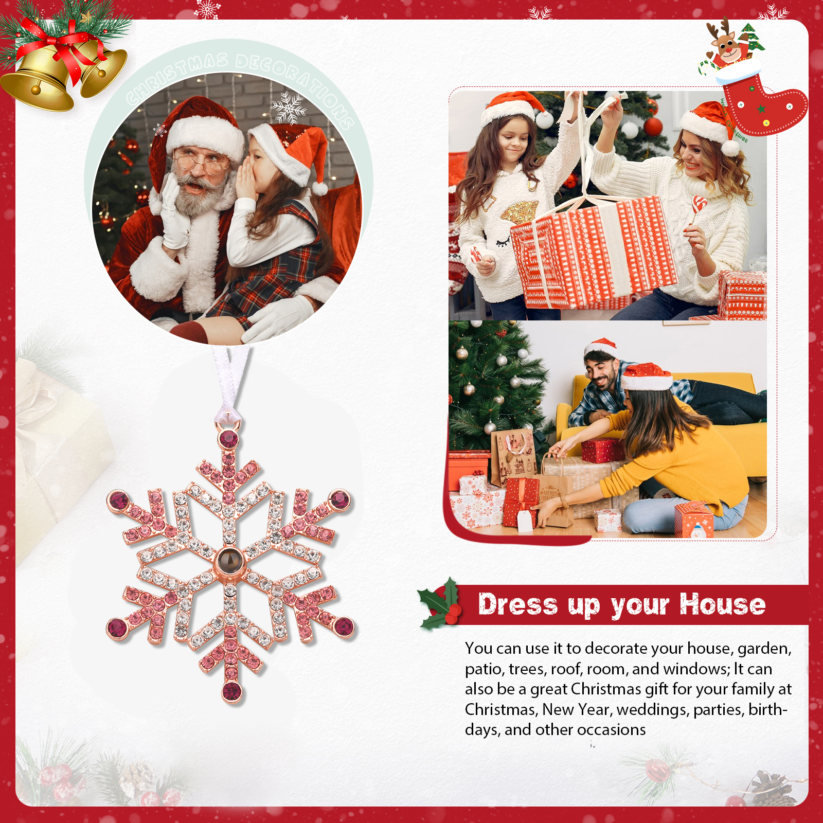 Decorazione Natalizia in Lega Personalizza 1 Foto,  a Forma di Fiocco di Neve - Proiezione Fotografica -Regalo di Natale per Famiglia | Jessemade