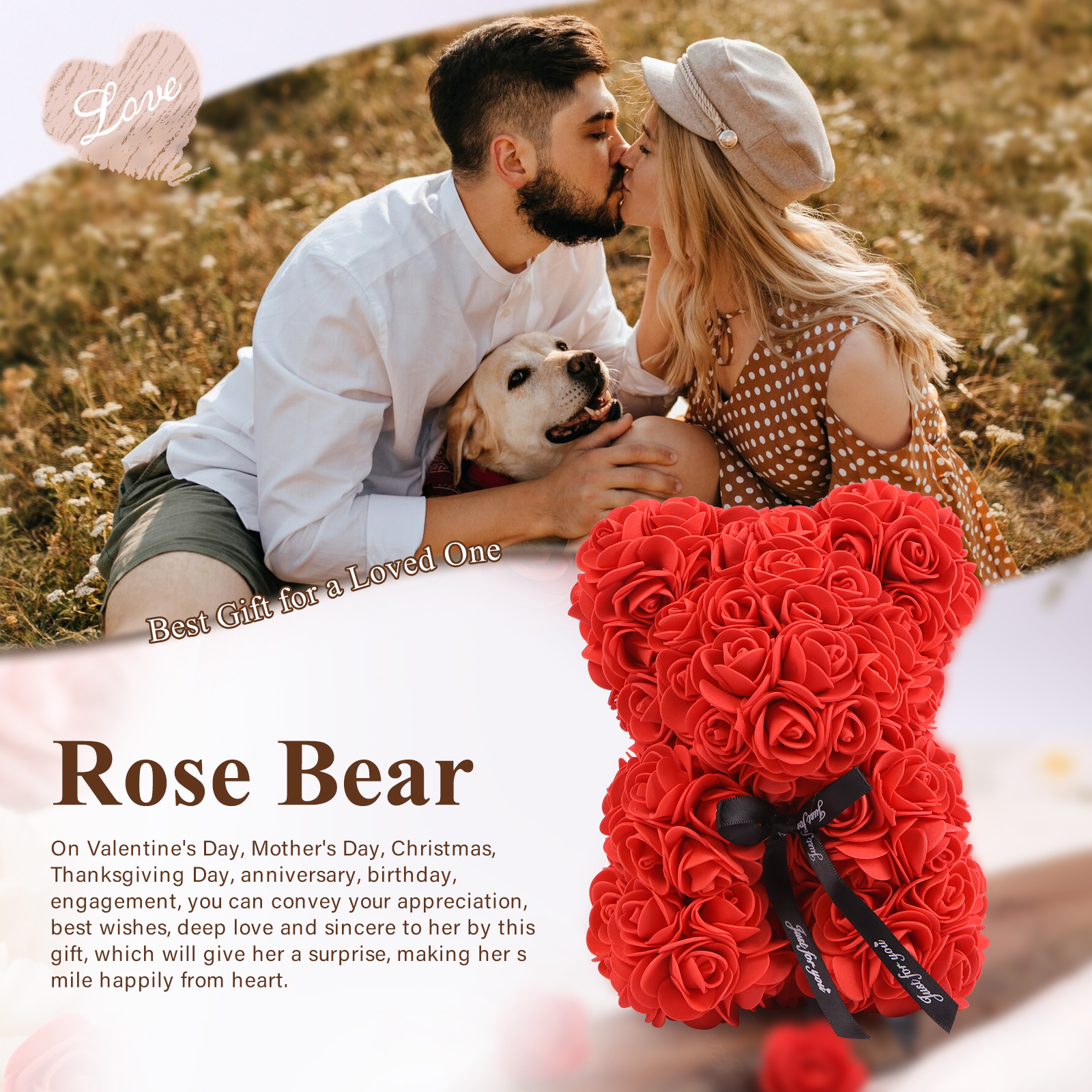 Orso di Rose Romantico - Decorazione per Coppie - Disponibile in Rosso e Rosa - Regalo di San Valentino per Lei | Jessemade