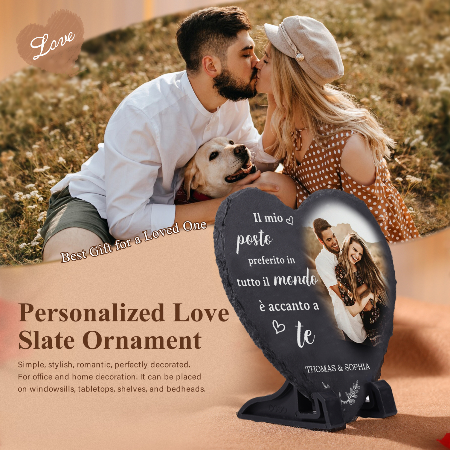 Decorazione Personalizzata in Pietra a Forma di Cuore con 2 Nomi e 1 Foto - "Il mio posto preferito in tutto il mondo è accanto a te" - Regalo di San Valentino per Lei/Lui | Jessemade