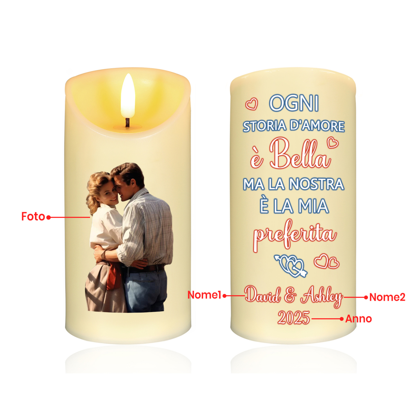 Candela LED Personalizzata con 2 Nomi, 1 Foto e 1 Data – "Ogni Storia d'Amore è Bella, ma la Nostra è la Mia Preferita" – Regalo di San Valentino per Lei/Lui | Jessemade