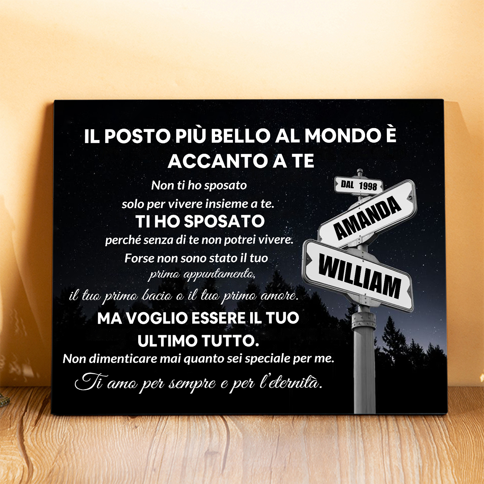 Targa Personalizzata in Legno - con 2 Nomi e Anno - "Il posto più bello al mondo è accanto a te" - Regalo di San Valentino per Lei/Lui | Jessemade