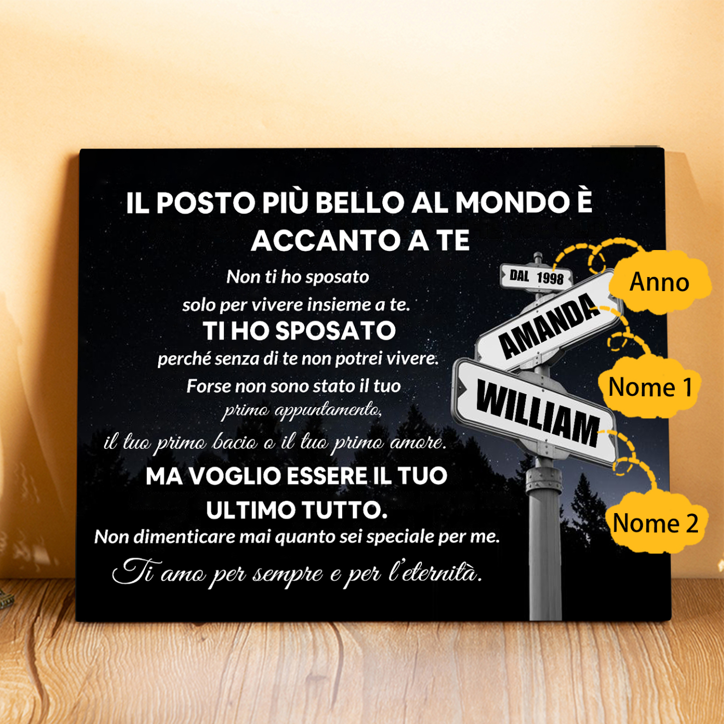 Targa Personalizzata in Legno - con 2 Nomi e Anno - "Il posto più bello al mondo è accanto a te" - Regalo di San Valentino per Lei/Lui | Jessemade