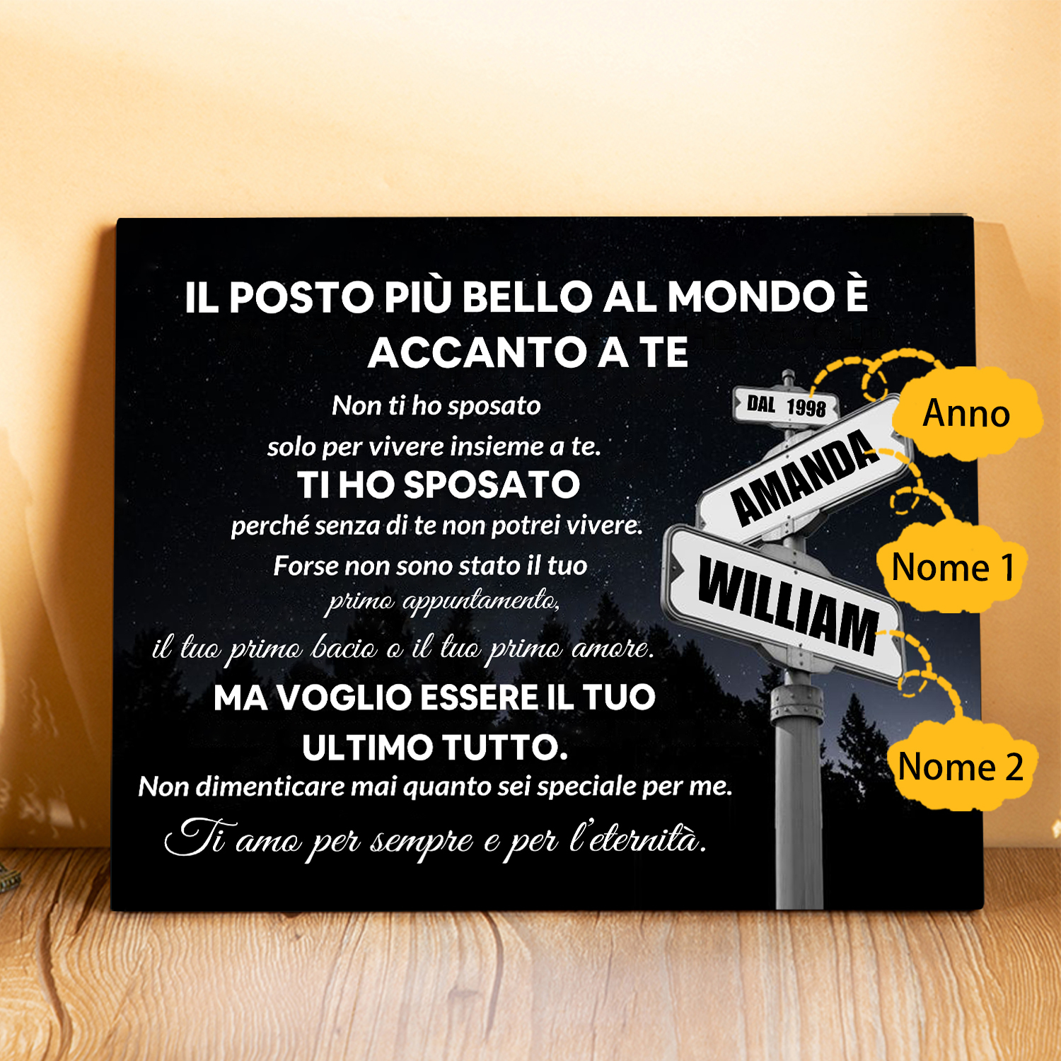 Targa Personalizzata in Legno - con 2 Nomi e Anno - "Il posto più bello al mondo è accanto a te" - Regalo di San Valentino per Lei/Lui | Jessemade