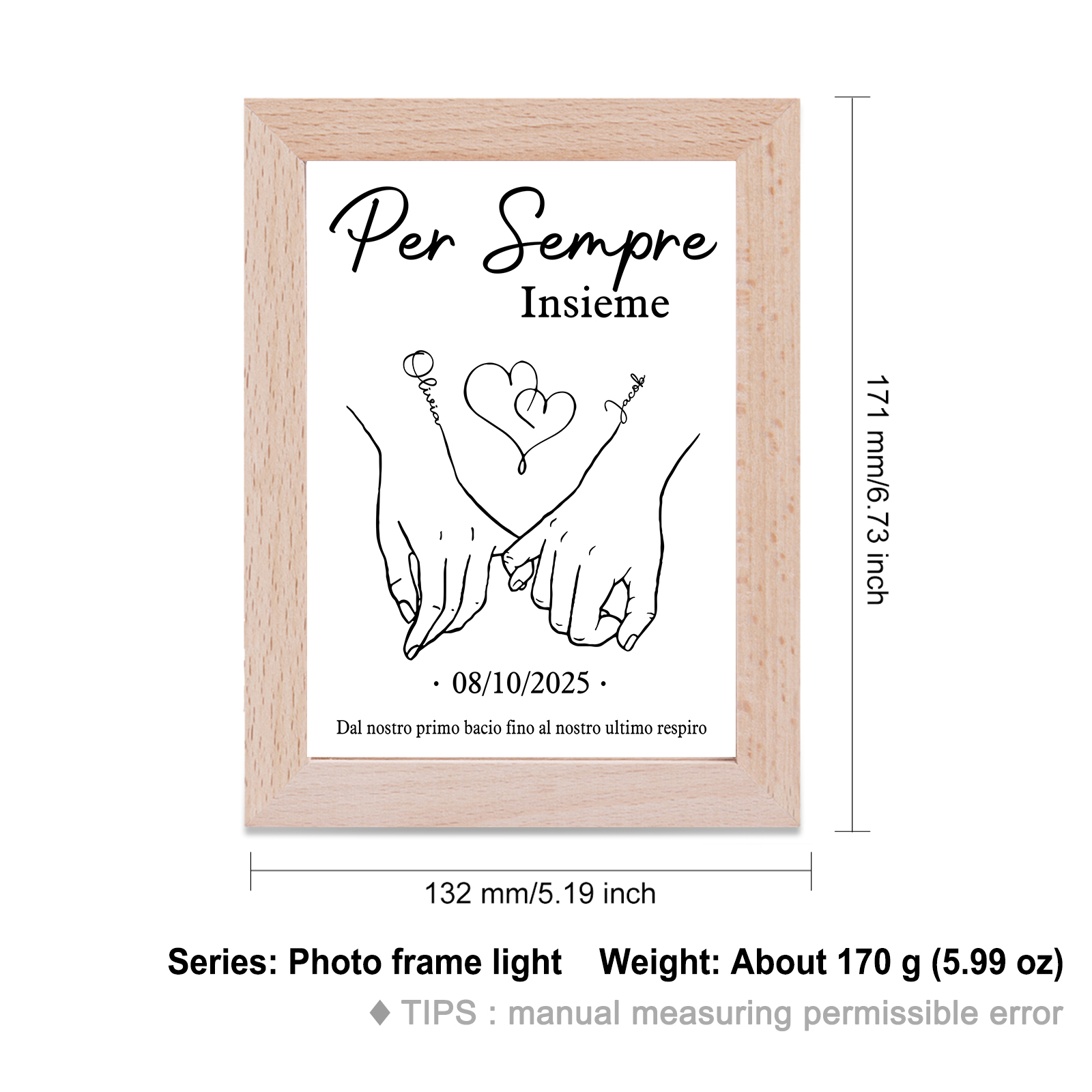Cornice Lampada Notturna Personalizzata con 2 Nomi, Data - "Per Sempre Insieme" - Design con Cuore e Mani che si Tengono - Regalo di San Valentino per Lei/Lui | Jessemade