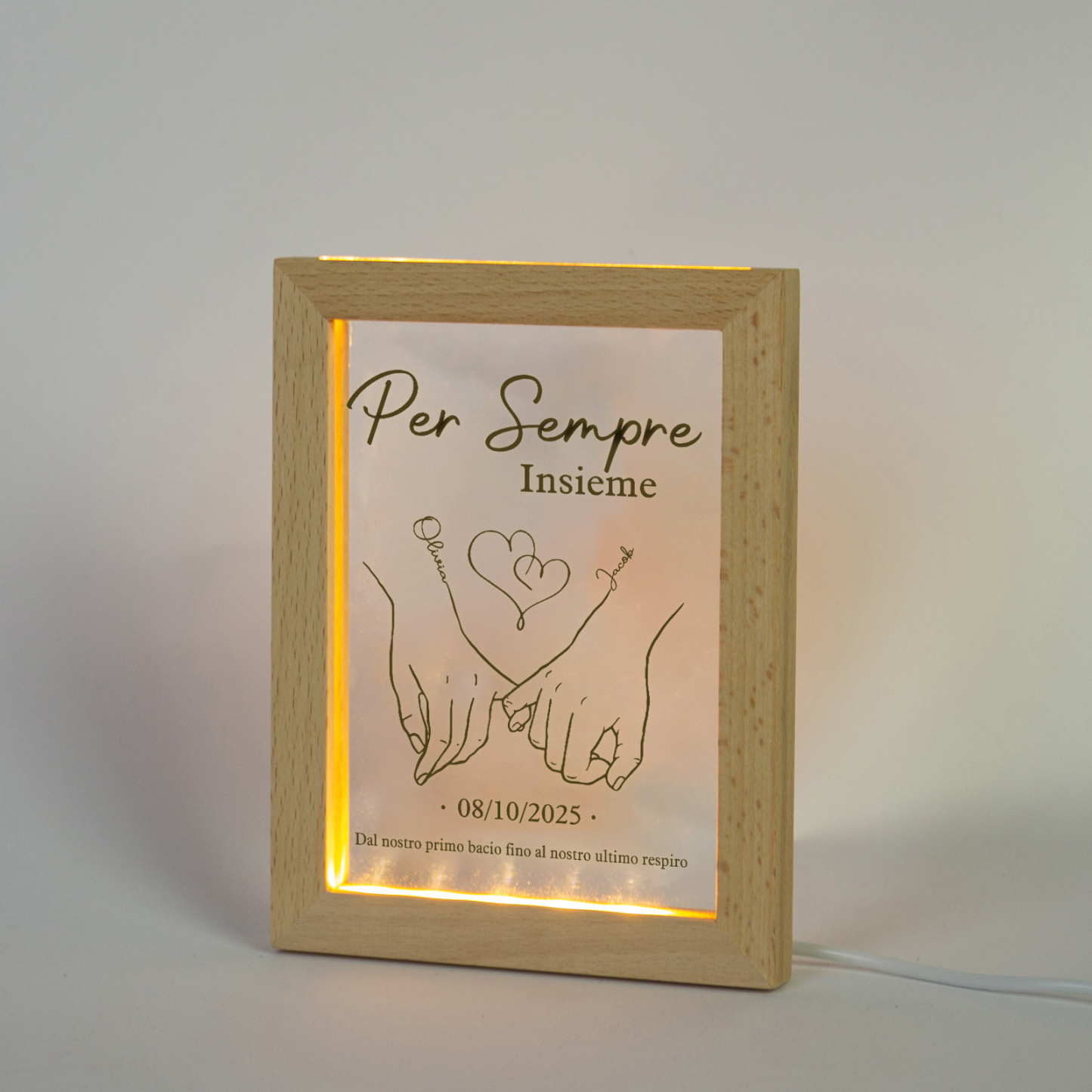 Cornice Lampada Notturna Personalizzata con 2 Nomi, Data - "Per Sempre Insieme" - Design con Cuore e Mani che si Tengono - Regalo di San Valentino per Lei/Lui | Jessemade