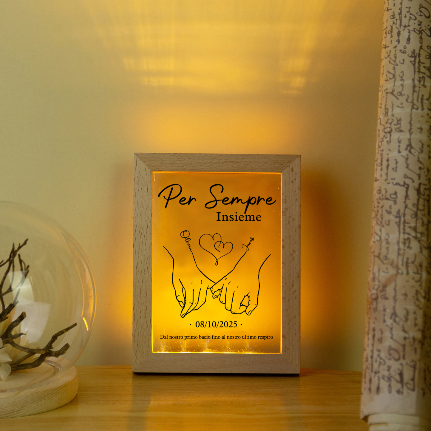 Cornice Lampada Notturna Personalizzata con 2 Nomi, Data - "Per Sempre Insieme" - Design con Cuore e Mani che si Tengono - Regalo di San Valentino per Lei/Lui | Jessemade