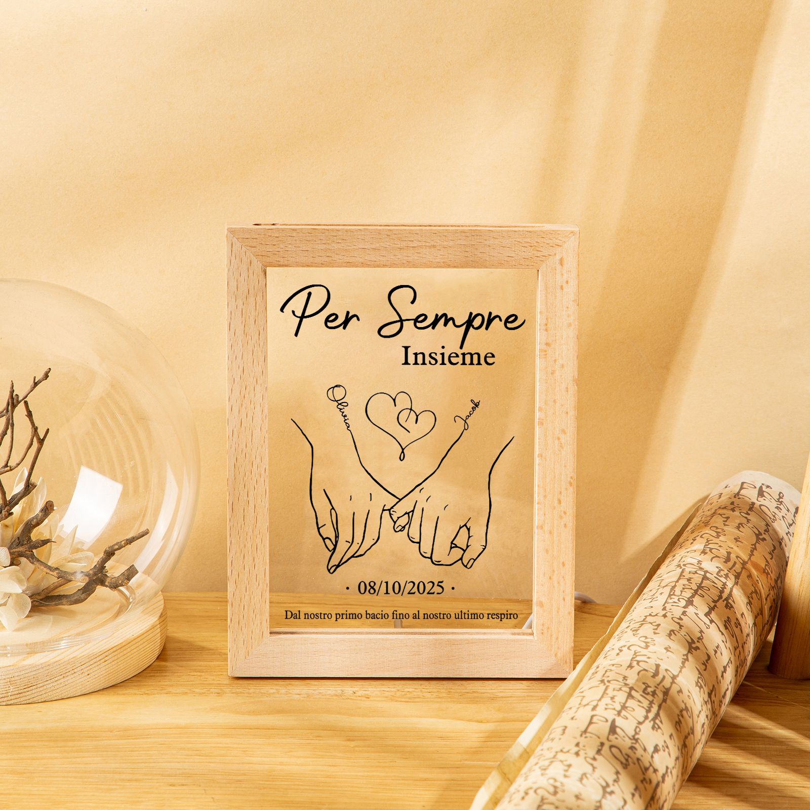 Cornice Lampada Notturna Personalizzata con 2 Nomi, Data - "Per Sempre Insieme" - Design con Cuore e Mani che si Tengono - Regalo di San Valentino per Lei/Lui | Jessemade