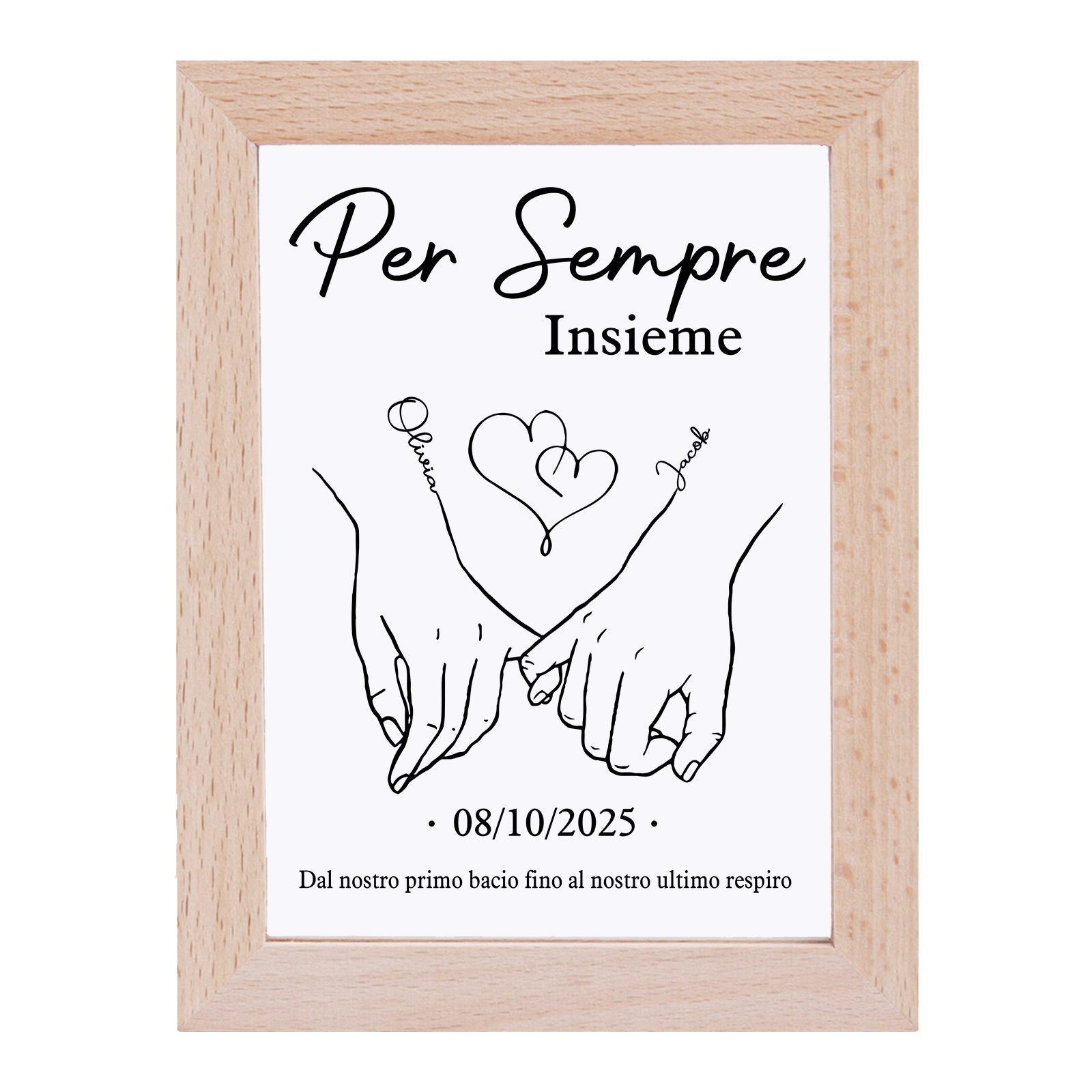 Cornice Lampada Notturna Personalizzata con 2 Nomi, Data - "Per Sempre Insieme" - Design con Cuore e Mani che si Tengono - Regalo di San Valentino per Lei/Lui | Jessemade