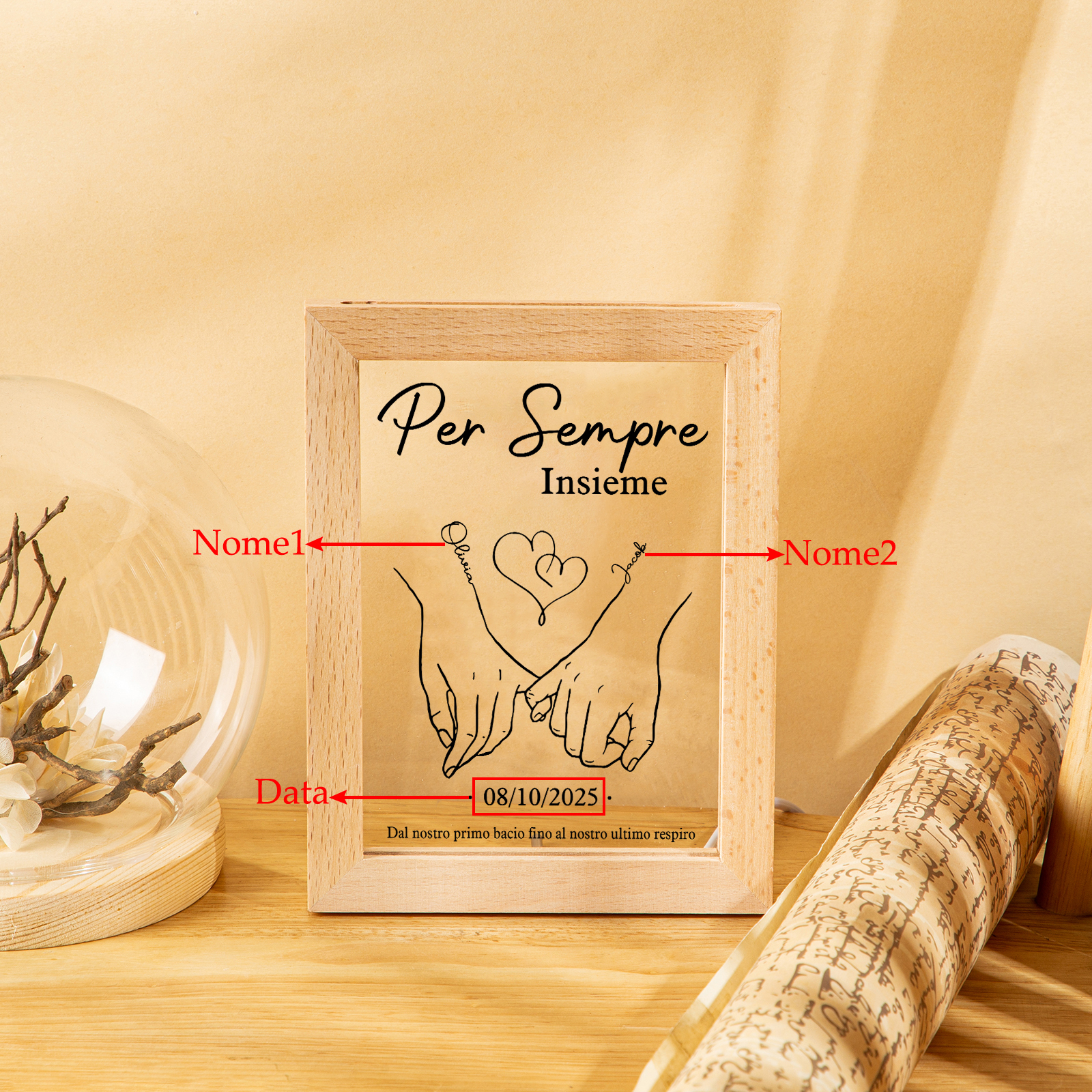 Cornice Lampada Notturna Personalizzata con 2 Nomi, Data - "Per Sempre Insieme" - Design con Cuore e Mani che si Tengono - Regalo di San Valentino per Lei/Lui | Jessemade