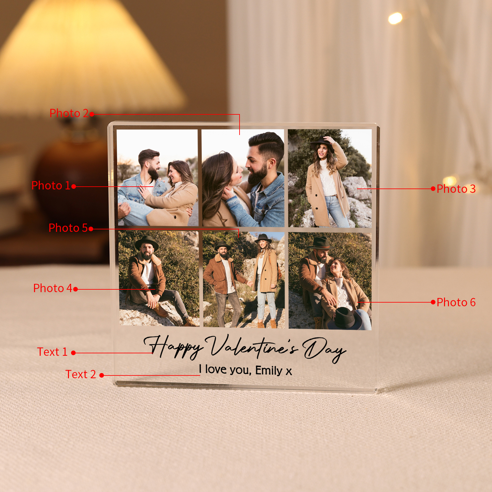 Personalised Acrylic Ornament – Custom 6 Photos & “Happy Valentine’s Day” Design with Romantic Text – Valentine’s Day Gift for Her | Jessemade