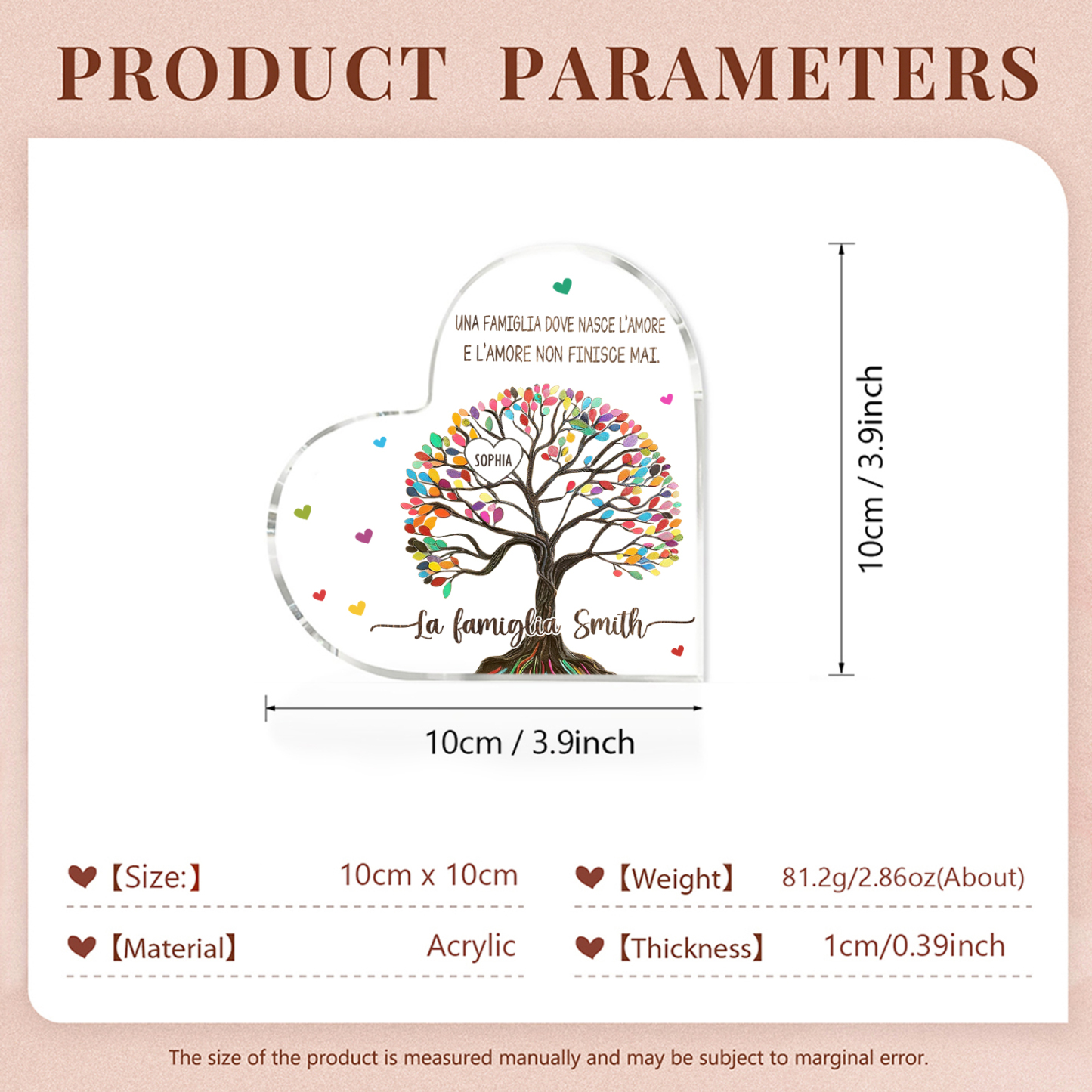 Albero della Vita Acrilico Personalizzato – 1 Nome & 2 Testi – Regalo per la Mamma, Decorazione Famiglia in Cuore, Ricordo Unico
