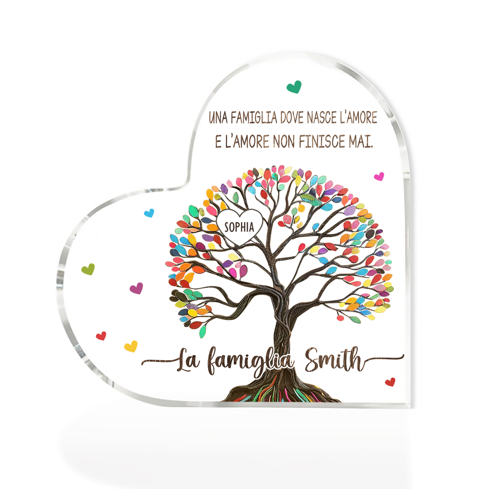 Albero della Vita Acrilico Personalizzato – 1 Nome & 2 Testi – Regalo per la Mamma, Decorazione Famiglia in Cuore, Ricordo Unico
