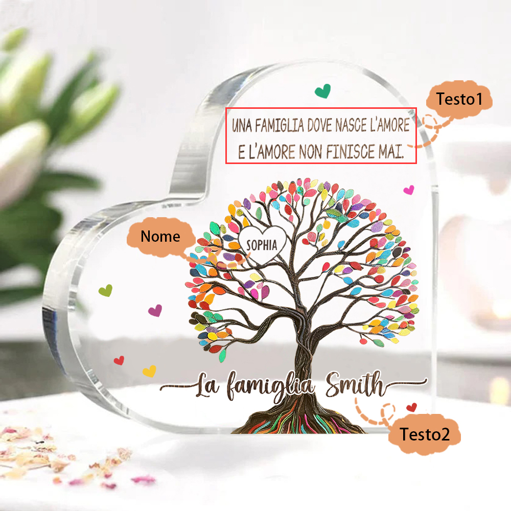 Albero della Vita Acrilico Personalizzato – 1 Nome & 2 Testi – Regalo per la Mamma, Decorazione Famiglia in Cuore, Ricordo Unico
