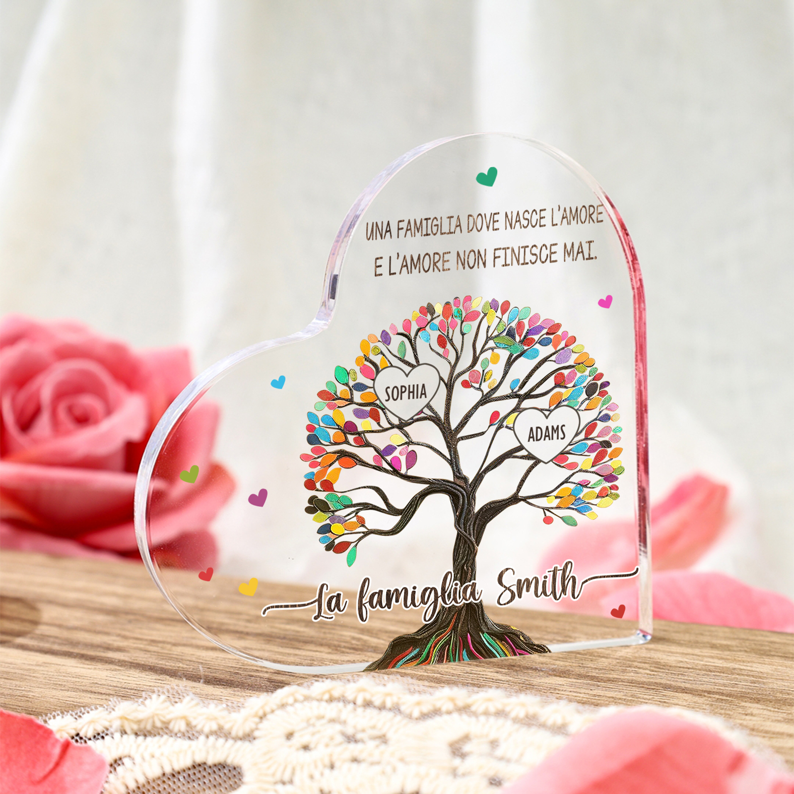 Albero della Vita Acrilico Personalizzato – con 2 Nomi & 2 Testi – Regalo per la Mamma, Decorazione Famiglia in Cuore, Ricordo Unico