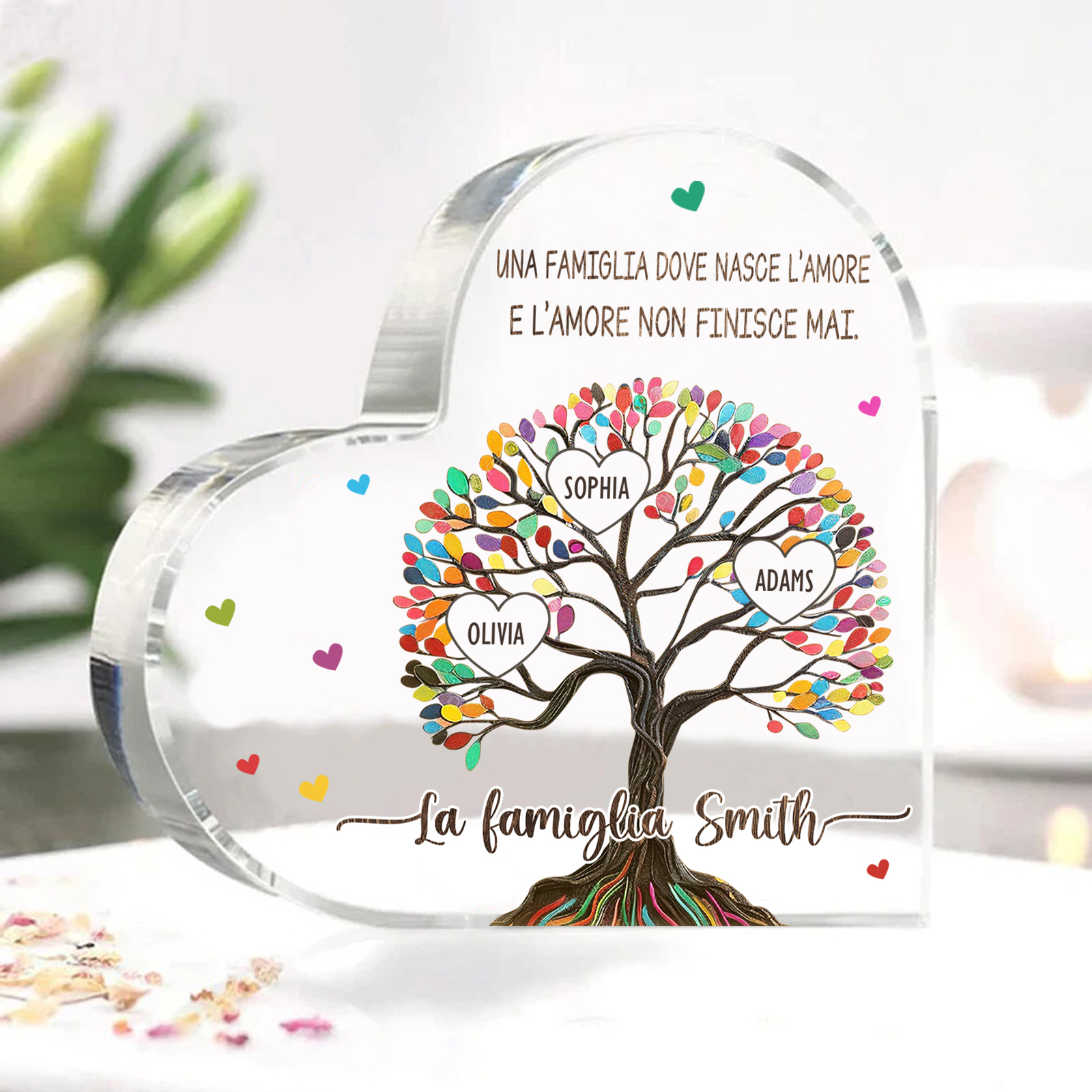 Albero della Vita Acrilico Personalizzato – con 3 Nomi & 2 Testi – Regalo per la Mamma, Decorazione Famiglia in Cuore, Ricordo Unico
