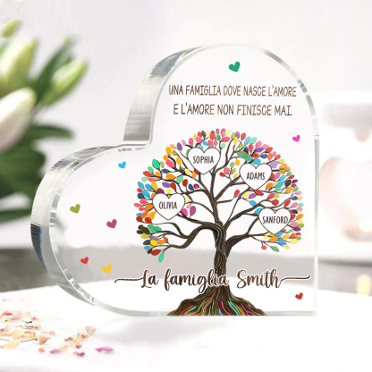 Albero della Vita Acrilico Personalizzato – con 4 Nomi & 2 Testi – Regalo per la Mamma, Decorazione Famiglia in Cuore, Ricordo Unico