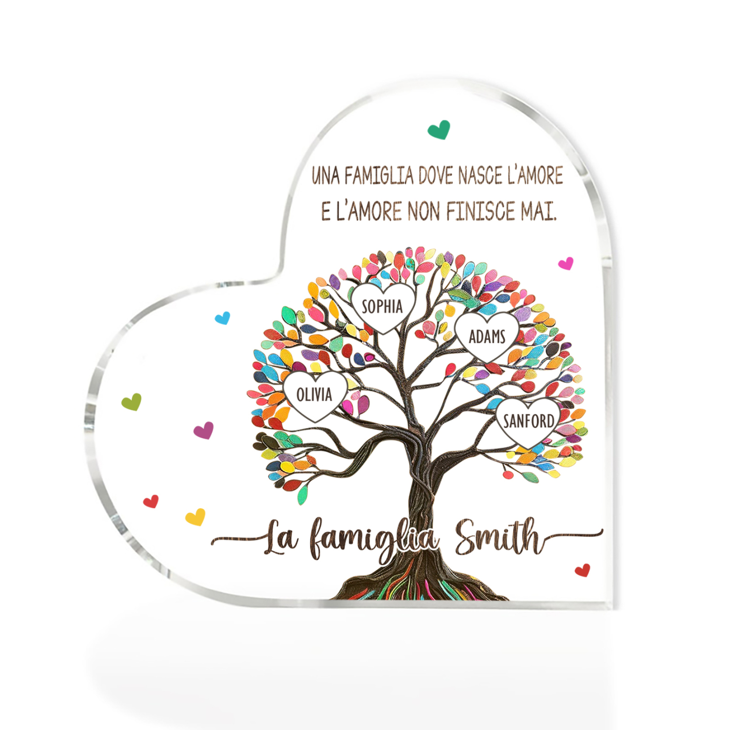 Albero della Vita Acrilico Personalizzato – con 4 Nomi & 2 Testi – Regalo per la Mamma, Decorazione Famiglia in Cuore, Ricordo Unico