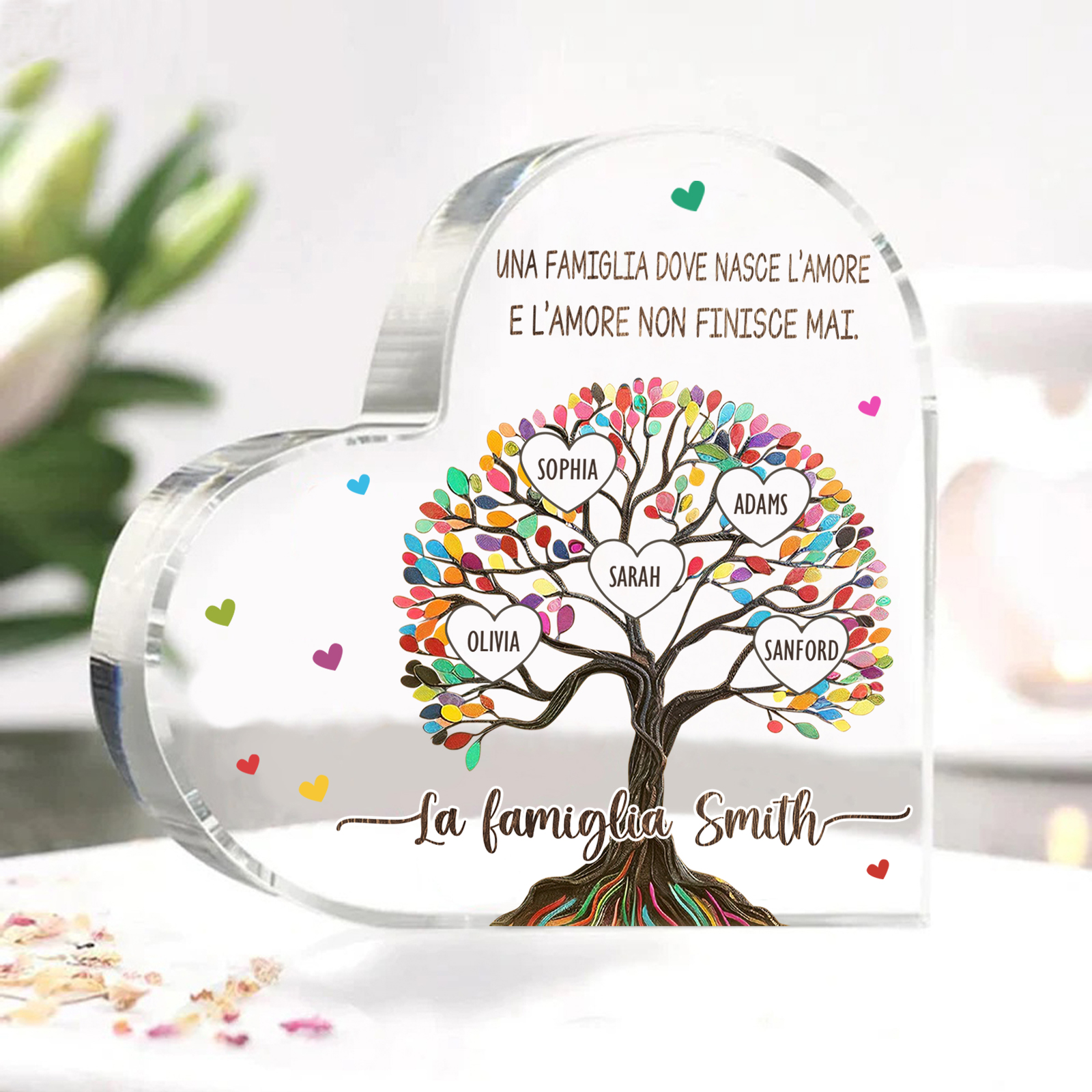 Albero della Vita Acrilico Personalizzato – con 5 Nomi & 2 Testi – Regalo per la Mamma, Decorazione Famiglia in Cuore, Ricordo Unico