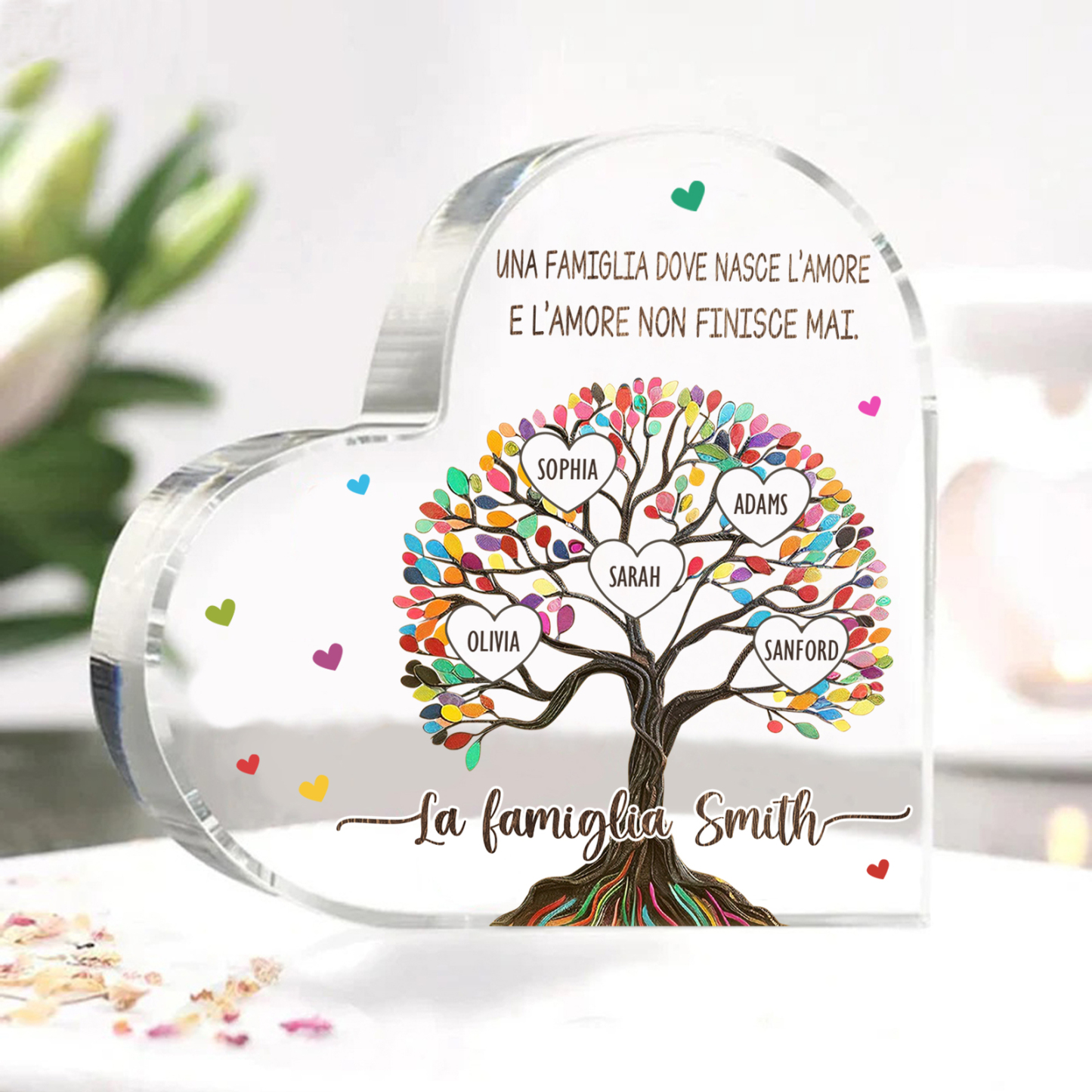 Albero della Vita Acrilico Personalizzato – con 5 Nomi & 2 Testi – Regalo per la Mamma, Decorazione Famiglia in Cuore, Ricordo Unico