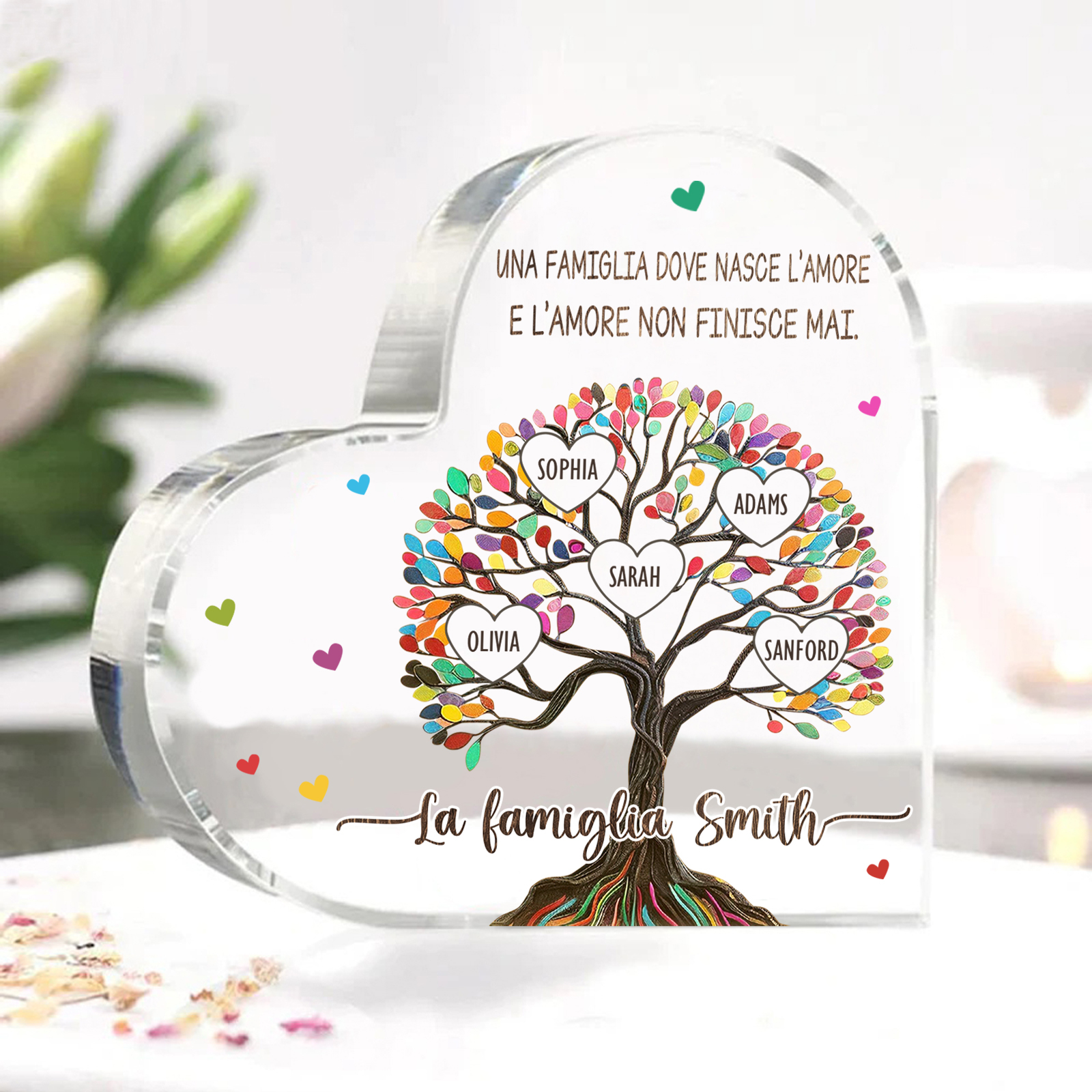 Albero della Vita Acrilico Personalizzato – con 5 Nomi & 2 Testi – Regalo per la Mamma, Decorazione Famiglia in Cuore, Ricordo Unico
