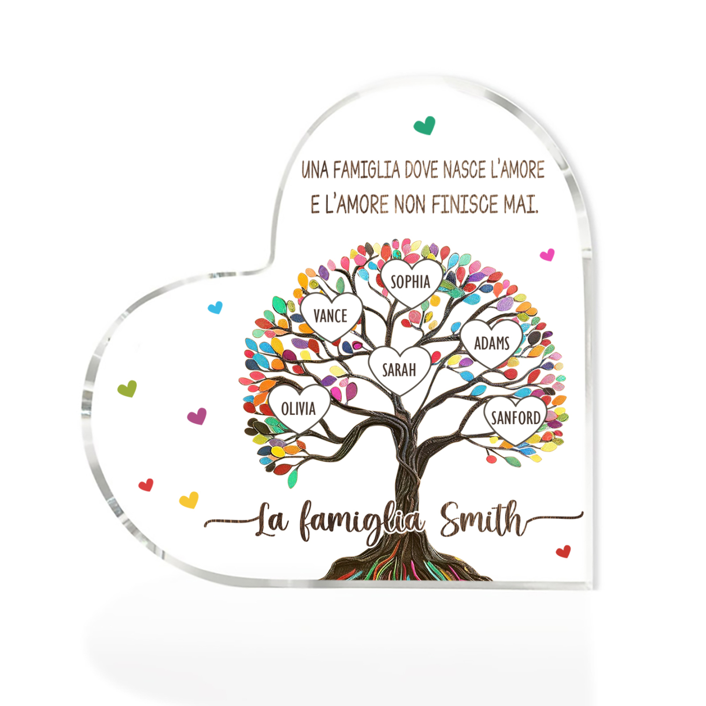 Albero della Vita Acrilico Personalizzato – con 6 Nomi & 2 Testi – Regalo per la Mamma, Decorazione Famiglia in Cuore, Ricordo Unico