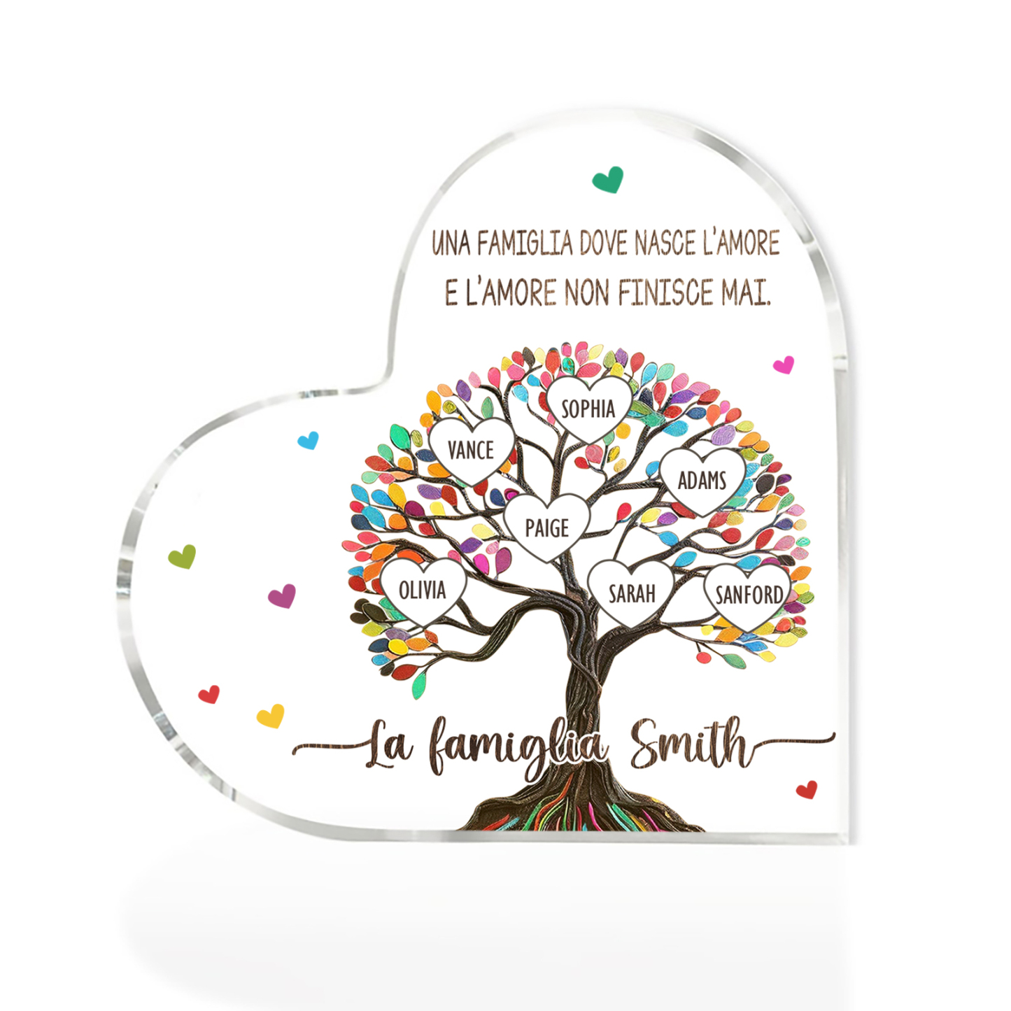 Albero della Vita Acrilico Personalizzato – con 7 Nomi & 2 Testi – Regalo per la Mamma, Decorazione Famiglia in Cuore, Ricordo Unico
