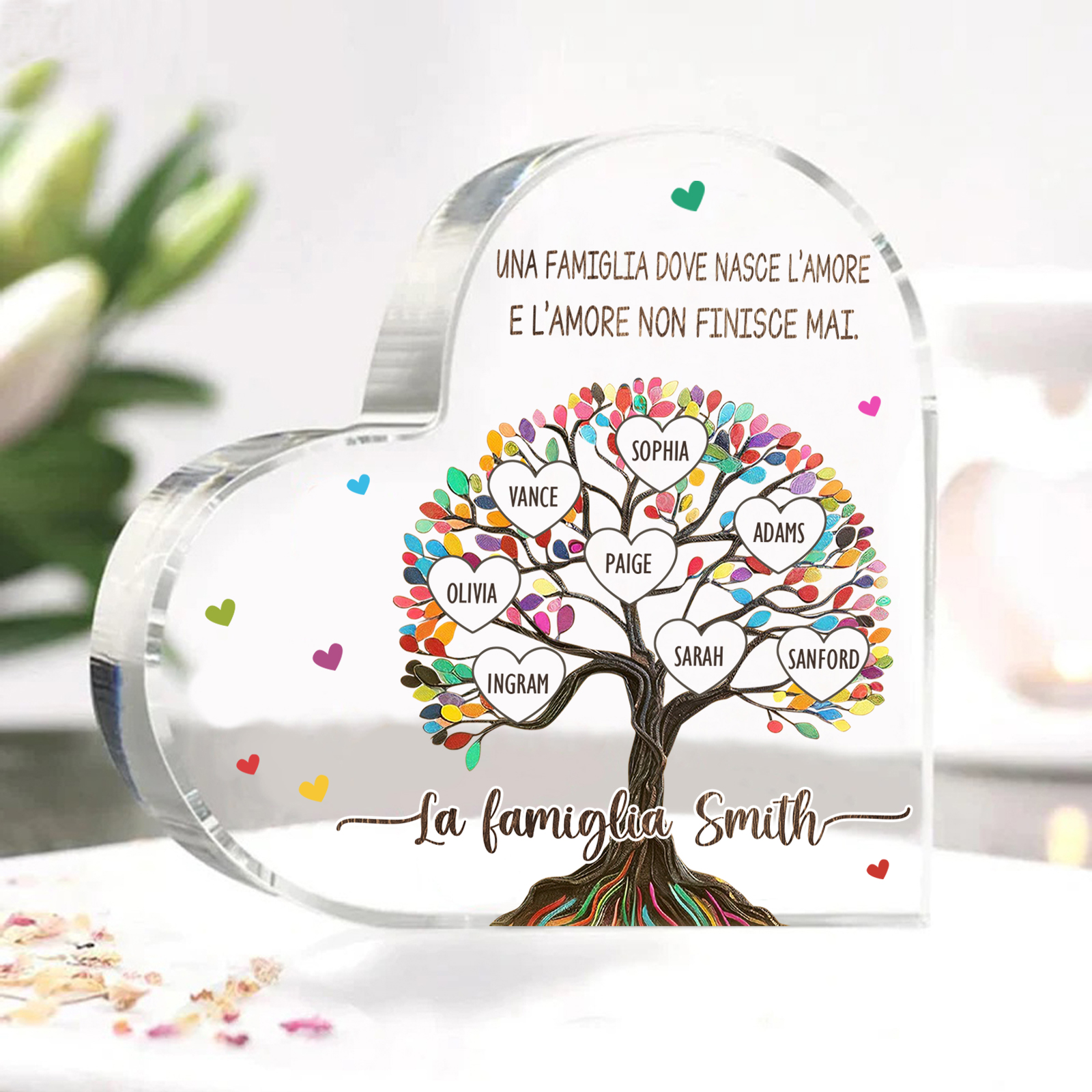 Albero della Vita Acrilico Personalizzato – con 8 Nomi & 2 Testi – Regalo per la Mamma, Decorazione Famiglia in Cuore, Ricordo Unico