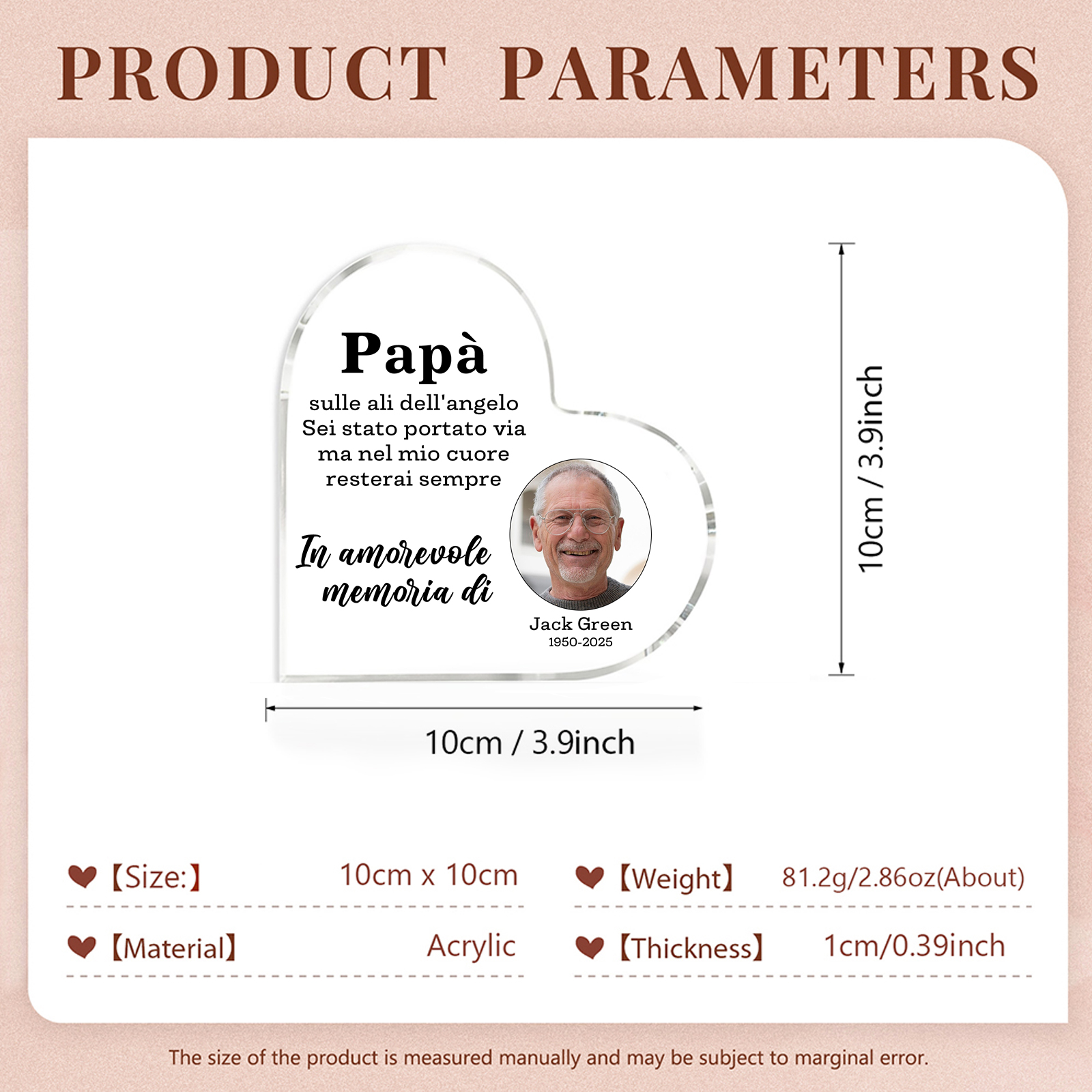 Decorazione Commemorativa in Acrilico Personalizzata – con 1 Nome, 1 Foto e 1 Data – “In Amorevole Memoria” – Regalo Commemorativo per Papà | Jessemade