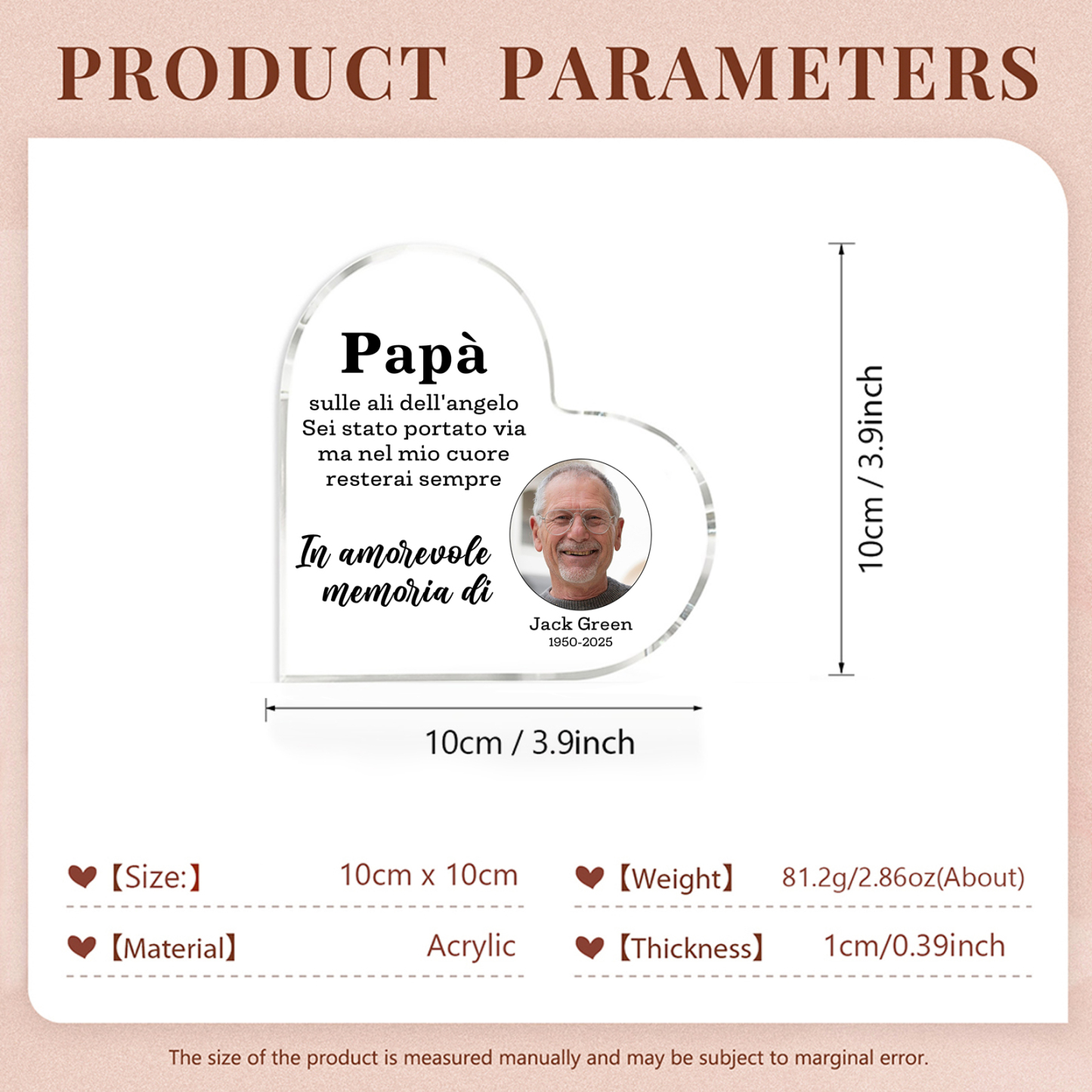 Decorazione Commemorativa in Acrilico Personalizzata – con 1 Nome, 1 Foto e 1 Data – “In Amorevole Memoria” – Regalo Commemorativo per Papà | Jessemade