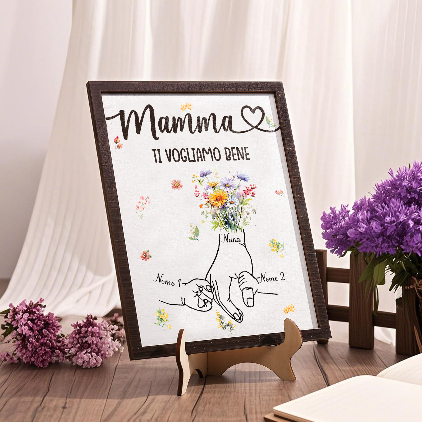 2 Nomi e Testo - Targa in Legno Personalizzata con Mano nella Mano per la Mamma - Regalo Festa della Mamma