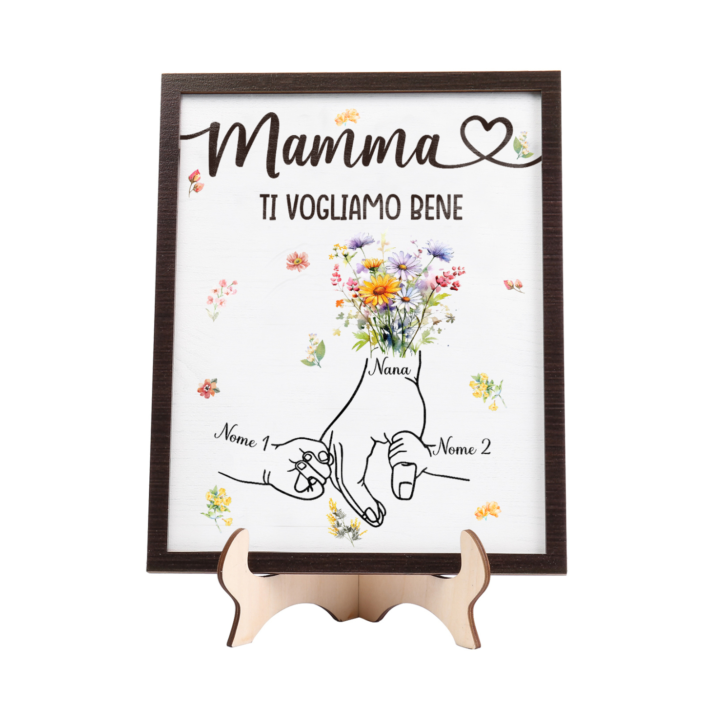 2 Nomi e Testo - Targa in Legno Personalizzata con Mano nella Mano per la Mamma - Regalo Festa della Mamma