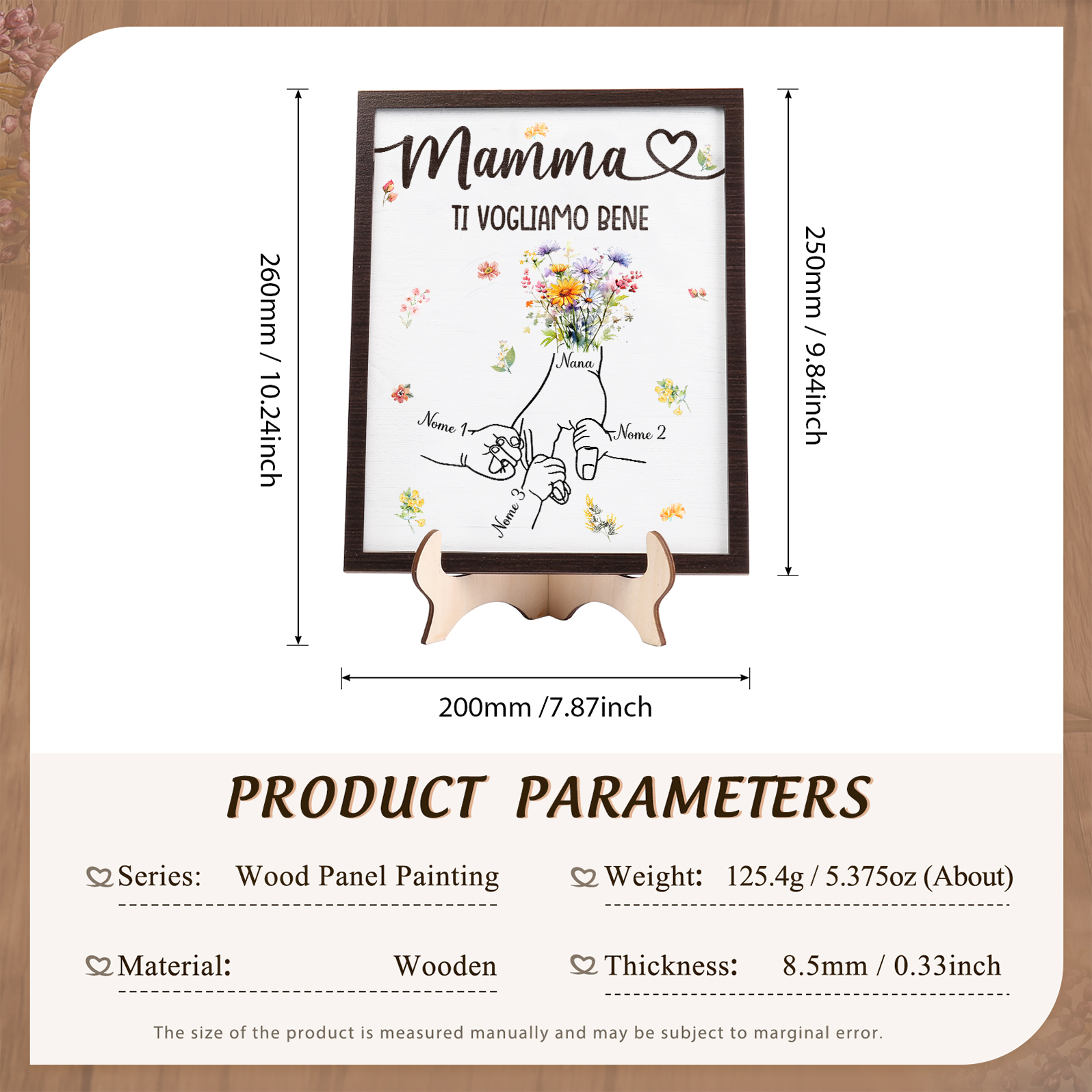3 Nomi e Testo - Targa in Legno Personalizzata con Mano nella Mano per la Mamma - Regalo Festa della Mamma