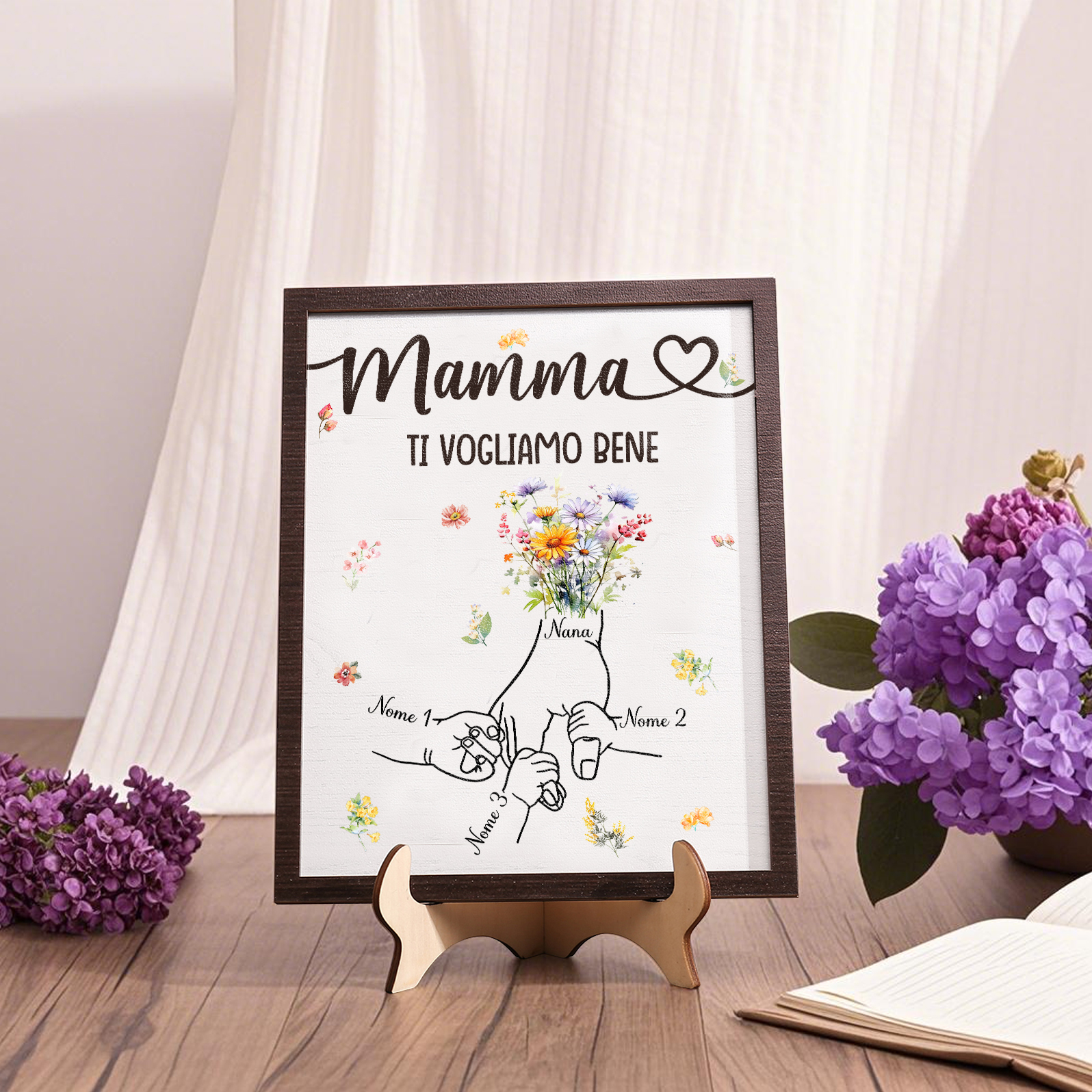 3 Nomi e Testo - Targa in Legno Personalizzata con Mano nella Mano per la Mamma - Regalo Festa della Mamma