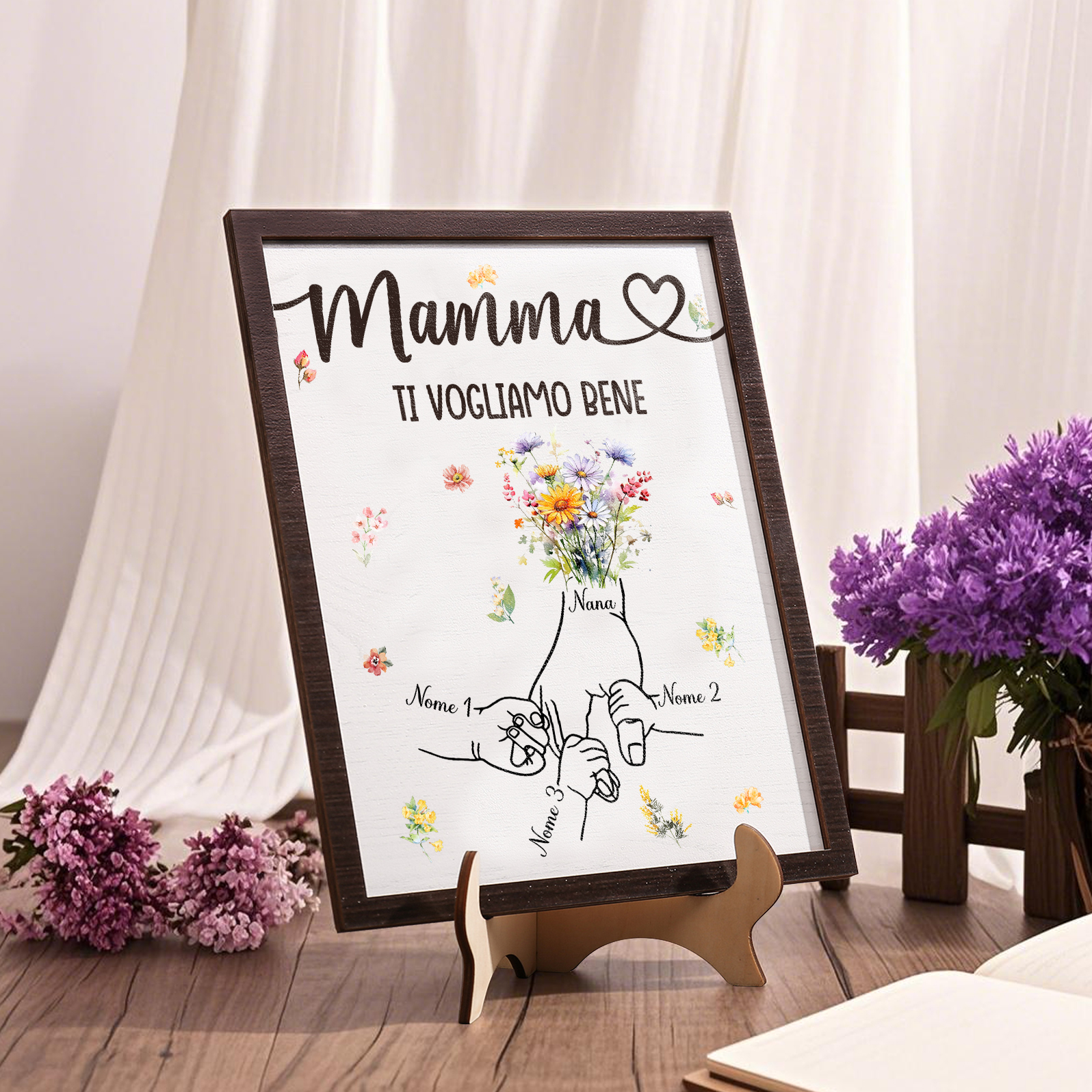 3 Nomi e Testo - Targa in Legno Personalizzata con Mano nella Mano per la Mamma - Regalo Festa della Mamma