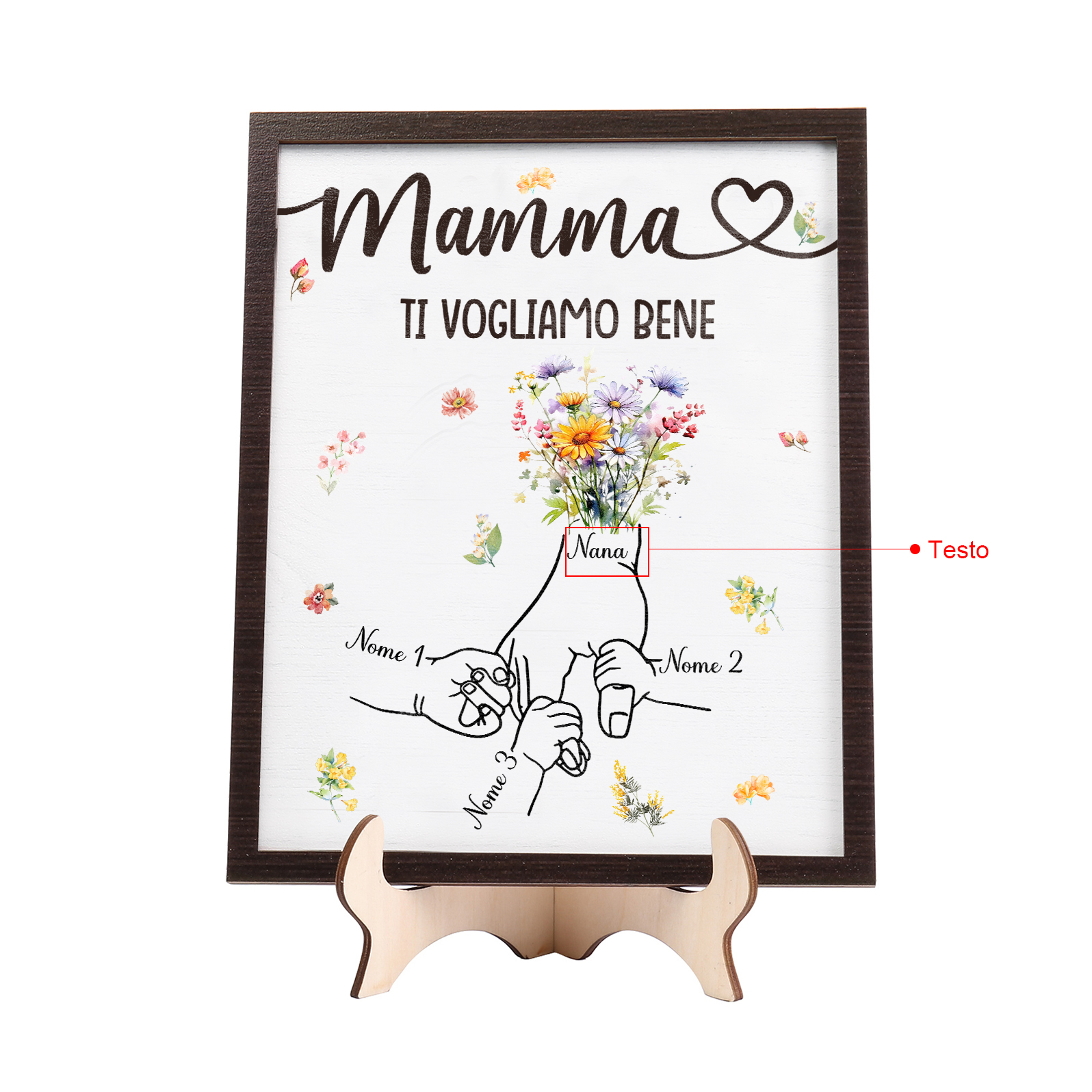 3 Nomi e Testo - Targa in Legno Personalizzata con Mano nella Mano per la Mamma - Regalo Festa della Mamma