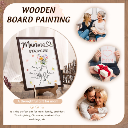 4 Nomi e Testo - Targa in Legno Personalizzata con Mano nella Mano per la Mamma - Regalo Festa della Mamma