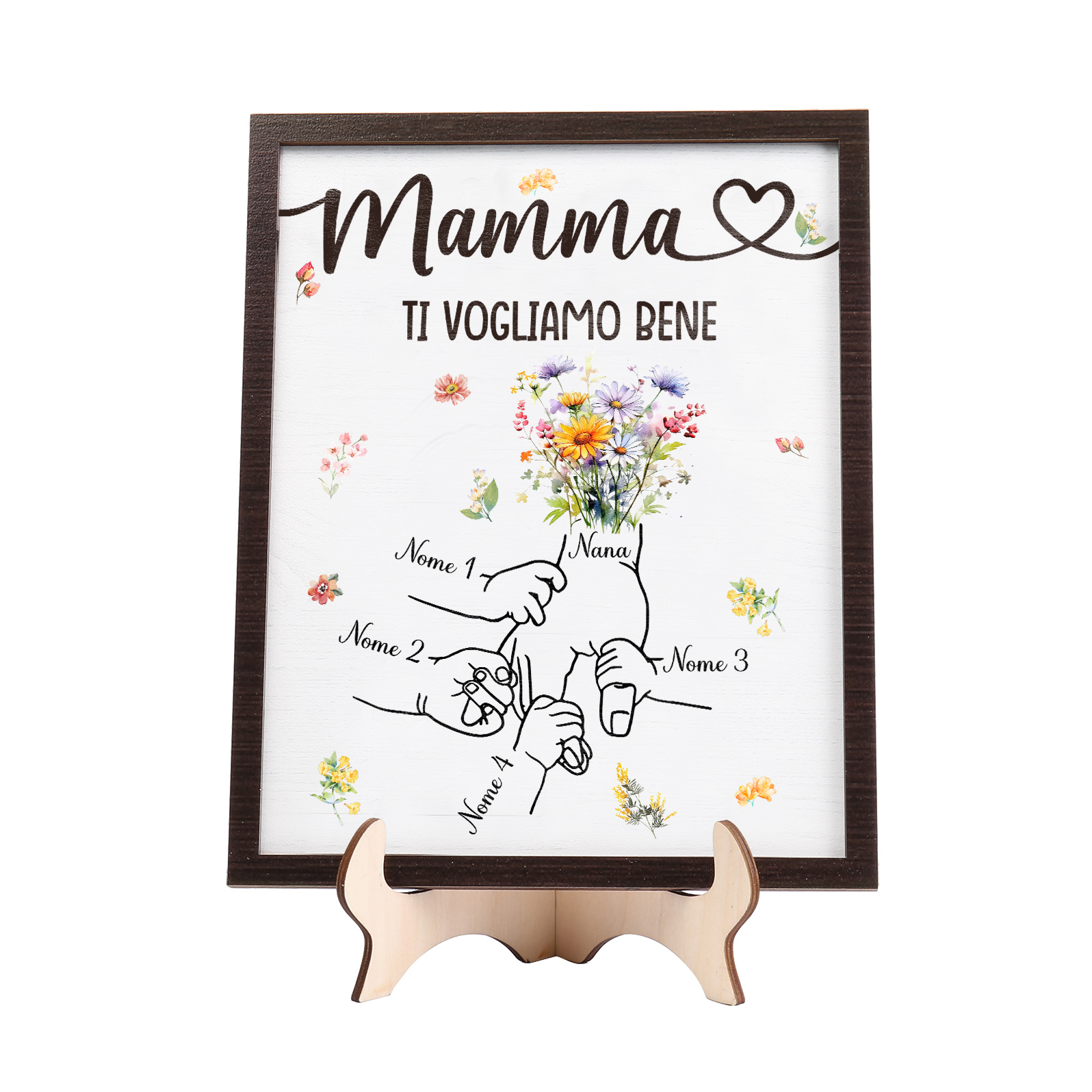 4 Nomi e Testo - Targa in Legno Personalizzata con Mano nella Mano per la Mamma - Regalo Festa della Mamma