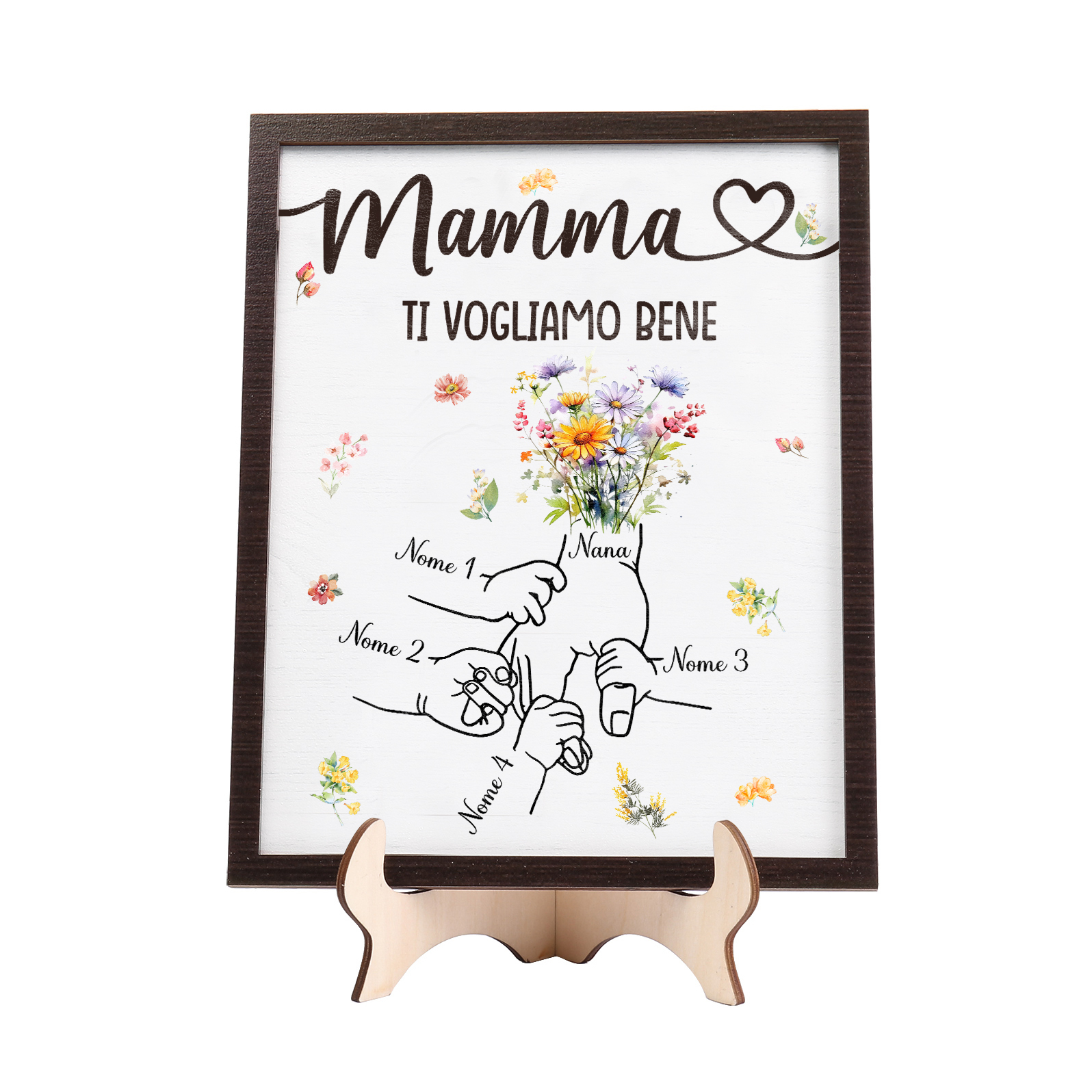 4 Nomi e Testo - Targa in Legno Personalizzata con Mano nella Mano per la Mamma - Regalo Festa della Mamma