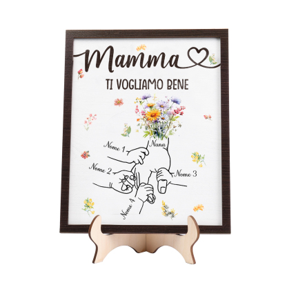 4 Nomi e Testo - Targa in Legno Personalizzata con Mano nella Mano per la Mamma - Regalo Festa della Mamma