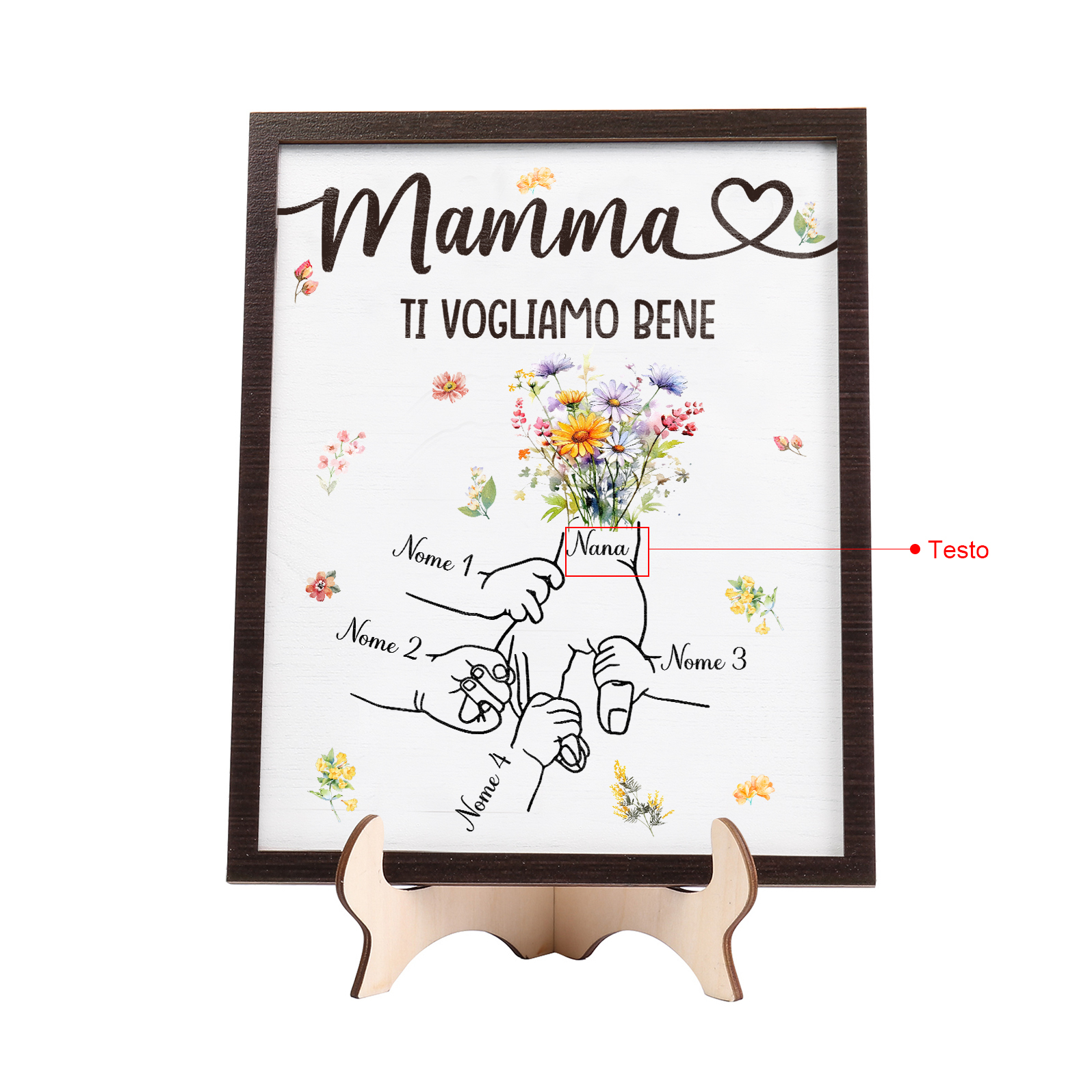 4 Nomi e Testo - Targa in Legno Personalizzata con Mano nella Mano per la Mamma - Regalo Festa della Mamma