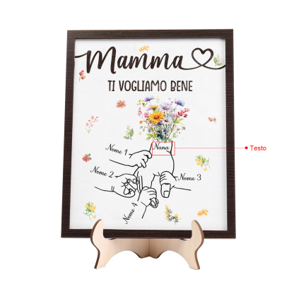4 Nomi e Testo - Targa in Legno Personalizzata con Mano nella Mano per la Mamma - Regalo Festa della Mamma
