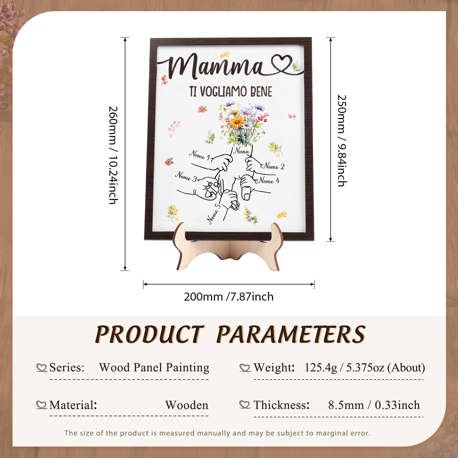 5 Nomi e Testo - Targa in Legno Personalizzata con Mano nella Mano per la Mamma - Regalo Festa della Mamma