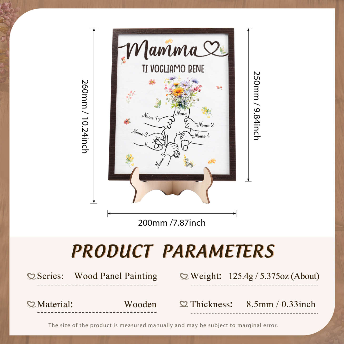 5 Nomi e Testo - Targa in Legno Personalizzata con Mano nella Mano per la Mamma - Regalo Festa della Mamma