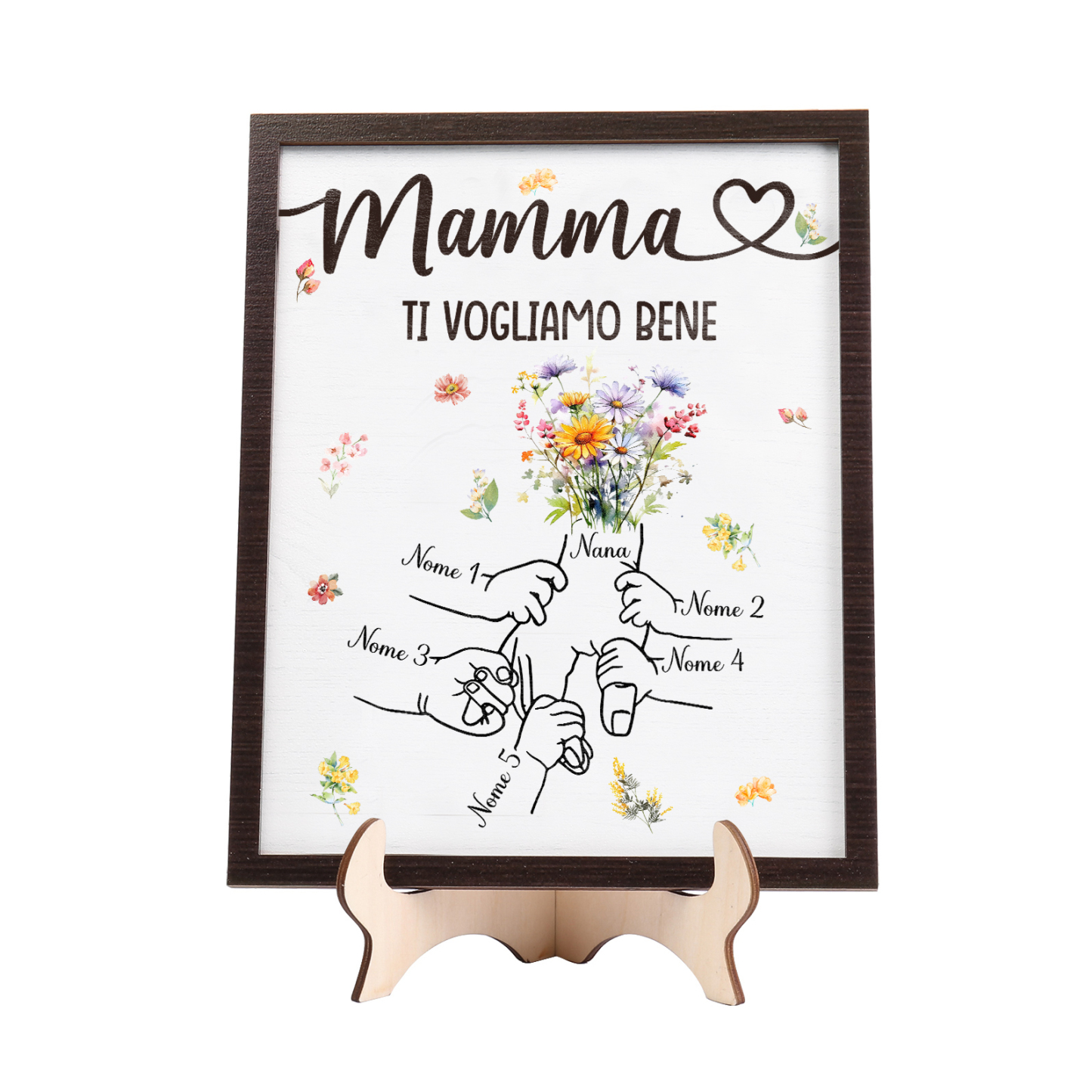 5 Nomi e Testo - Targa in Legno Personalizzata con Mano nella Mano per la Mamma - Regalo Festa della Mamma