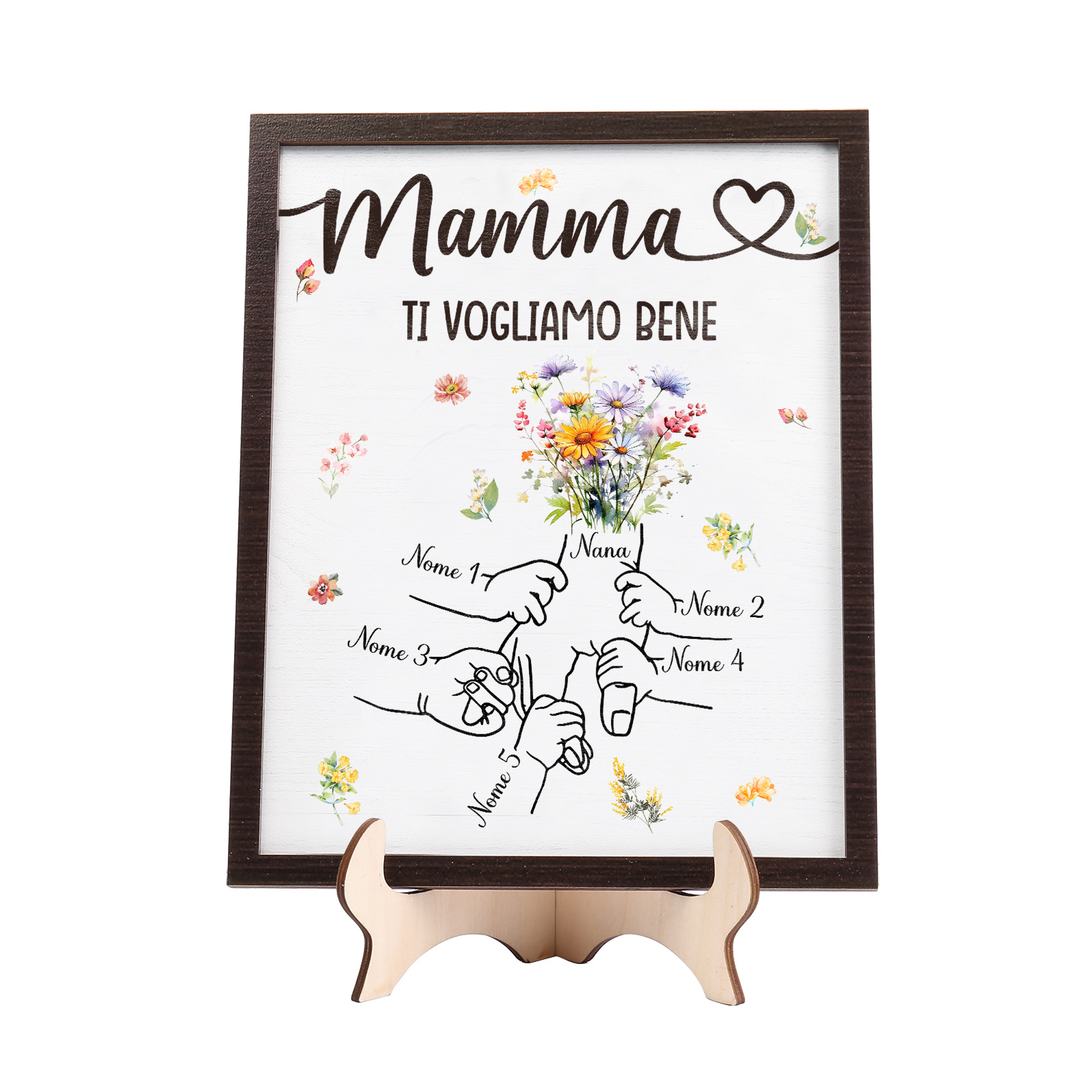 5 Nomi e Testo - Targa in Legno Personalizzata con Mano nella Mano per la Mamma - Regalo Festa della Mamma