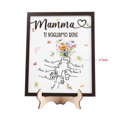 5 Nomi e Testo - Targa in Legno Personalizzata con Mano nella Mano per la Mamma - Regalo Festa della Mamma