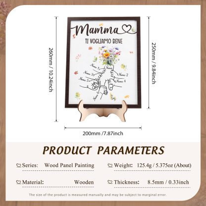 6 Nomi e Testo - Targa in Legno Personalizzata con Mano nella Mano per la Mamma - Regalo Festa della Mamma