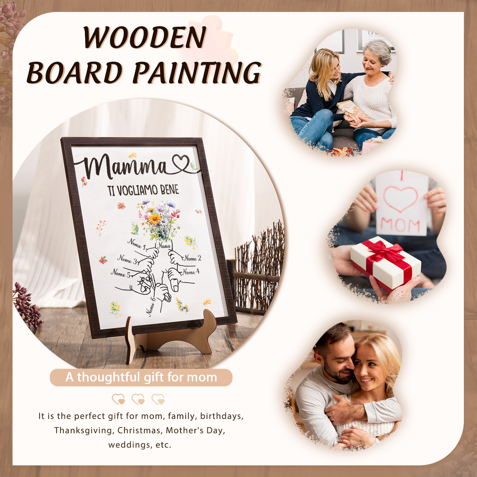 6 Nomi e Testo - Targa in Legno Personalizzata con Mano nella Mano per la Mamma - Regalo Festa della Mamma
