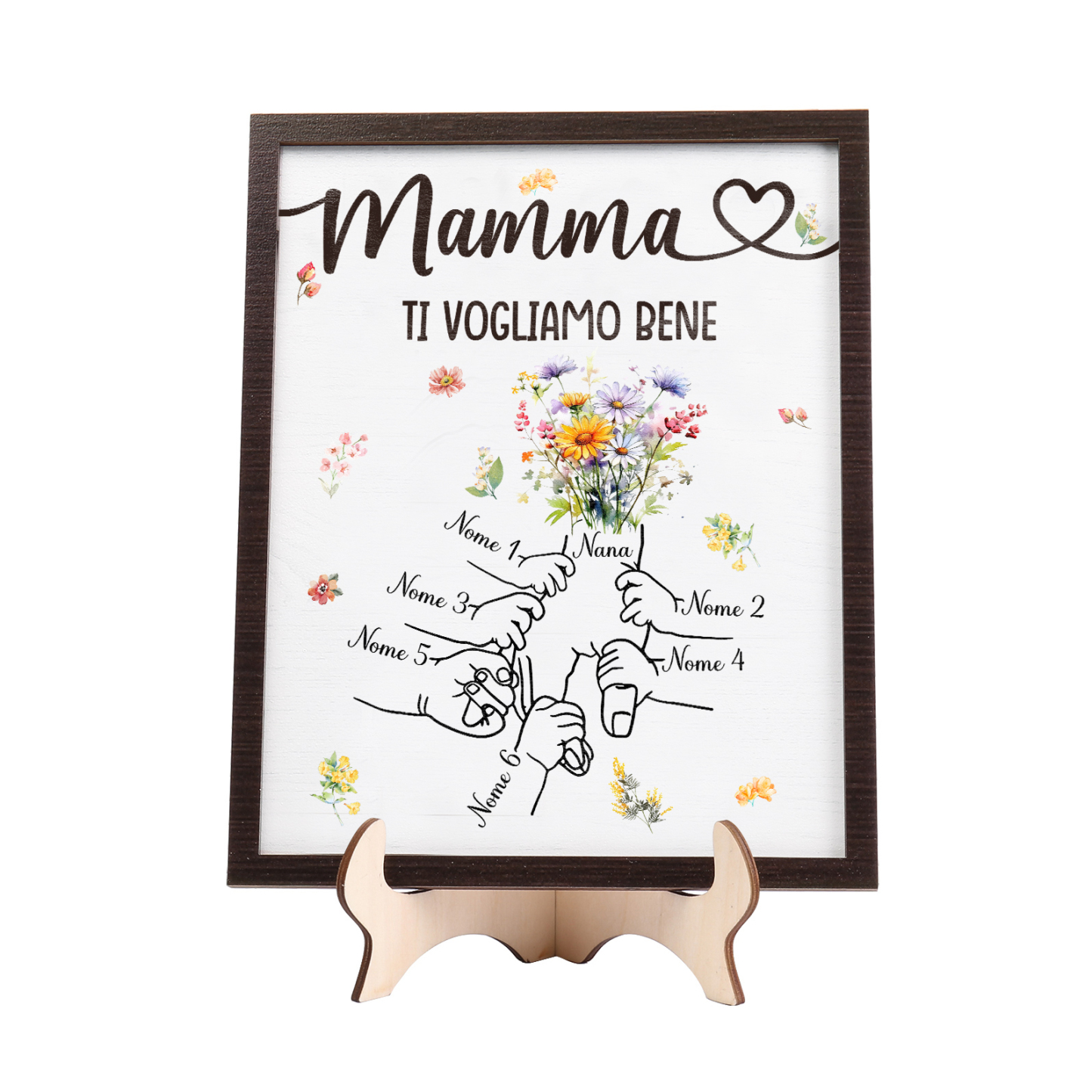 6 Nomi e Testo - Targa in Legno Personalizzata con Mano nella Mano per la Mamma - Regalo Festa della Mamma