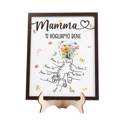 6 Nomi e Testo - Targa in Legno Personalizzata con Mano nella Mano per la Mamma - Regalo Festa della Mamma